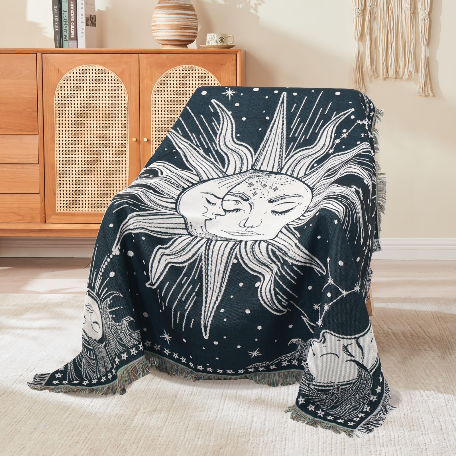 Shesyuki Boho Throw Blanket Reversible Cotton Bohemian Tapestry Hippie Room Decor Outdoor Blanket Double Sided (Navy Sun Moon 50"x60")
