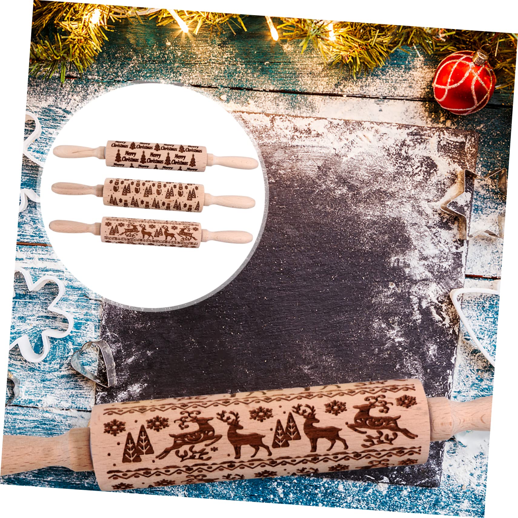 CHILDWEET 3piezas Rodillo De Cocina Para Navidad Para Hornear Galletas y Fondant Herramienta De Repostería Diseño De Reno y Muñeco Para Decorar y Cocinar Festividades