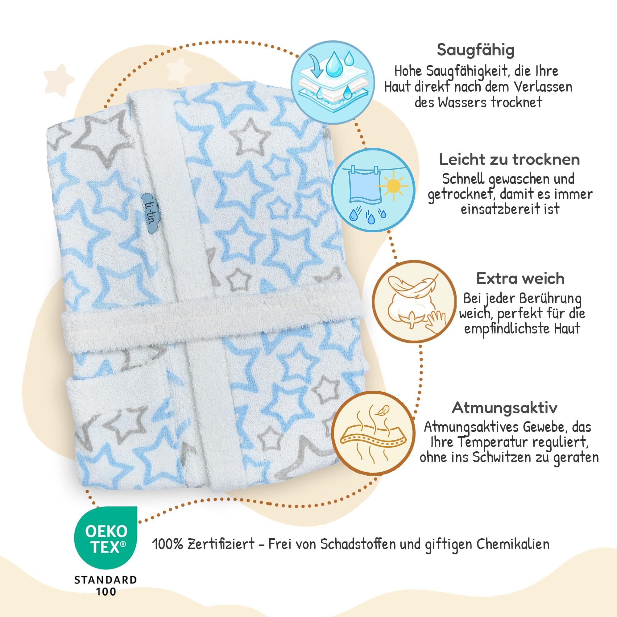 Ti TIN Bademantel Kinder, Baumwolle Frottee, Weich und Saugfähig, für Mädchen und Jungen, mit Kapuze Gürtel und Tasche
