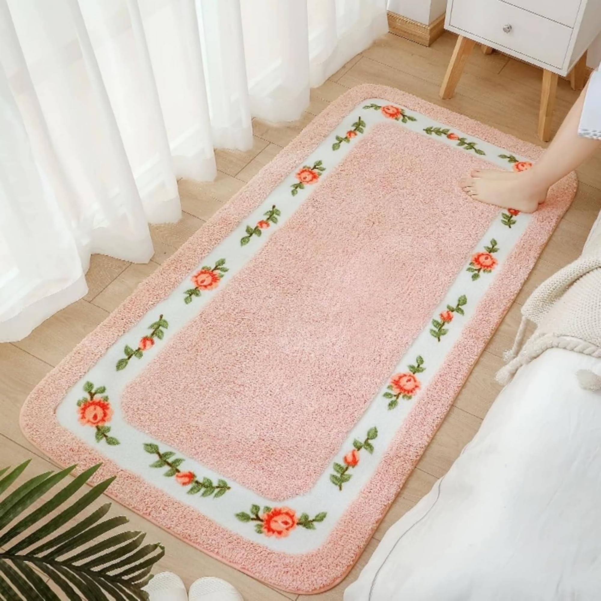 Large Rose Bathroom Rug 55"x27.5" Beautiful Floral Bath Rugs Pink Coquette Room Decor Shabby Bath Mat Soft Shaggy Rose Flower Carpet for Bedroom