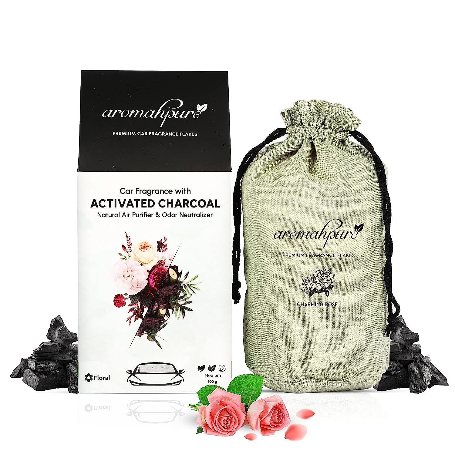 AromahpurePremium Home Perfume Flakes with Activated Charcoal | Air Purifier with Fresh Fragrances | Charming Rose - Rose Fragrance | 100 gm | Home Air Freshener | Use in Home, Kitchen, Wardrobe
