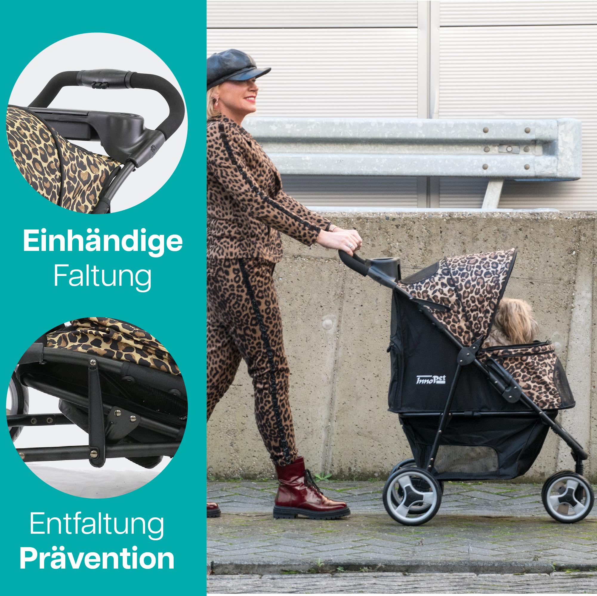 Hundebuggy Katzenbuggy für Reisen - Innopet Allure Cheetah – exklusiver Hundewagen mit Leopardenmuster, einhändig faltbar, mit Aufbewahrungskorb, 2 Sicherheitsleinen, pannensichere Räder – Hundewagen