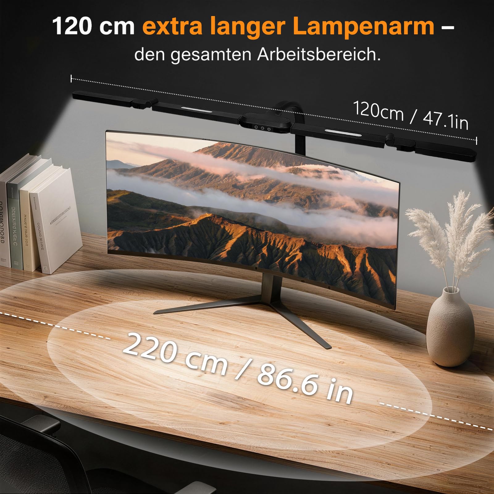 Schreibtischlampe mit RGB, 120cm LED Tischlampe mit Fernbedienung | Monitor Lampe klemmbar dimmbar für mehrere Monitore geeignet, Tageslichtlampe für Büro, Lesen, Architekten, Schneider