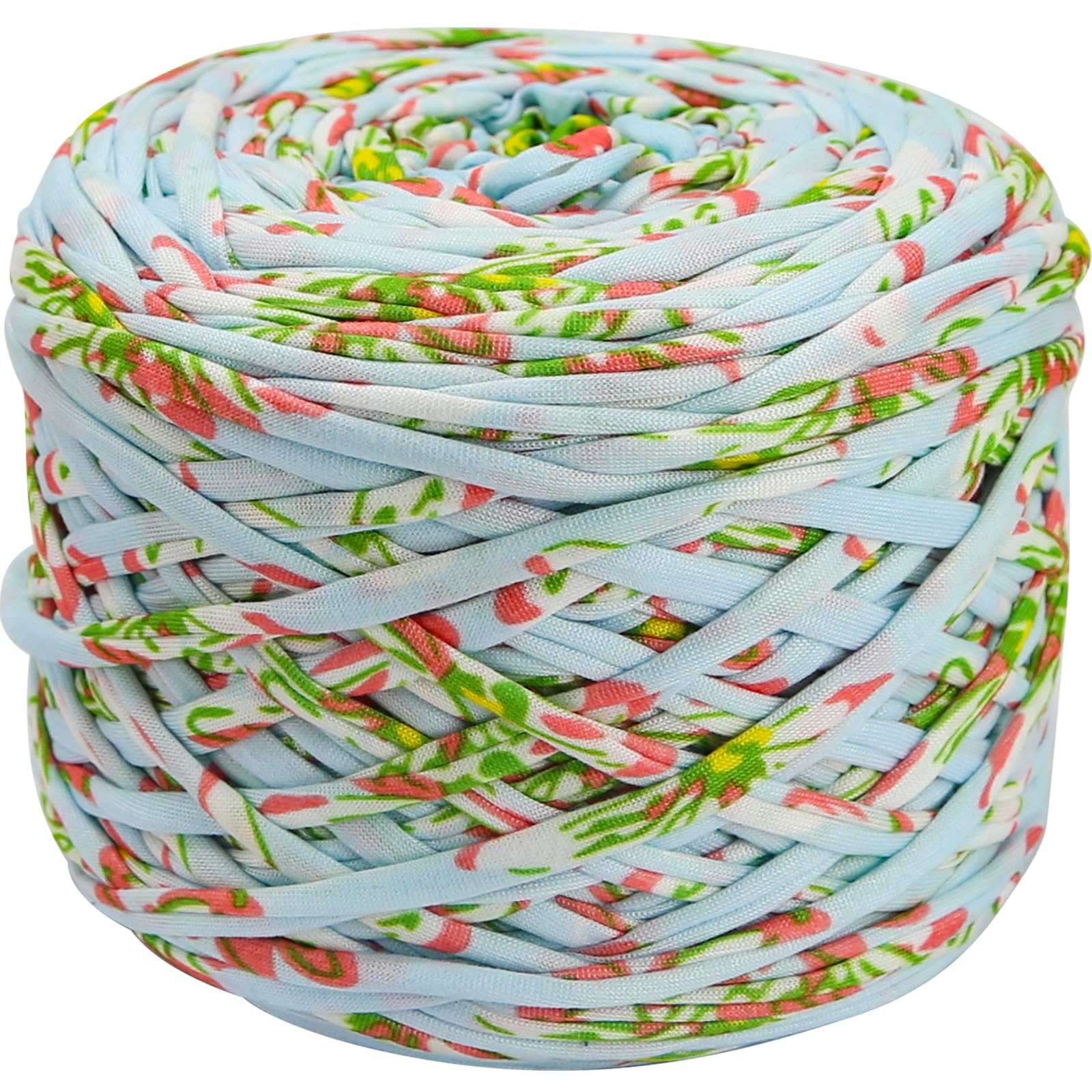 400g T-Shirt Elastic Fabric Crochet Cloth Yarn for DIY Knitting 120m Spaghetti Thick Knitting Yarn for Hand DIY Bag Basket Cushion Crocheting Projects,Home Decor(Blue Flower)