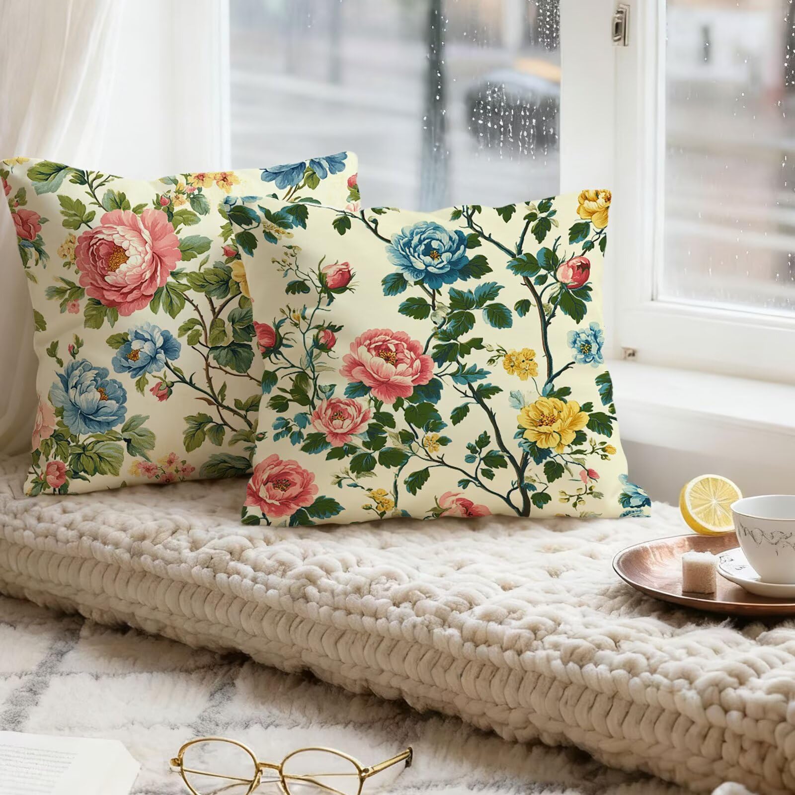 Rose Housse Coussin 60x60 Bleu Taie Oreiller 60x60 Lot de 4 Super Doux Protege Oreiller 60 x 60 Decoration Automne Taie D'oreiller Carrées Coussin Canape, pour Maison Chambre Canapé Chaise E - 148