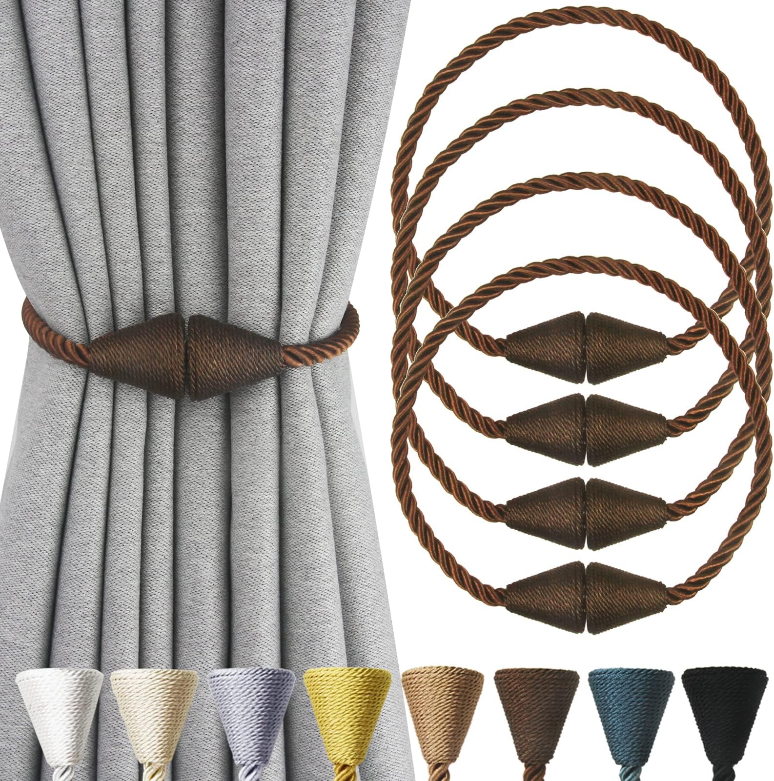 Nieffeiy 4 Pack Magnetic Curtain Tiebacks Rope Modern Handmade Curtain Tie Backs Decorative Drapes Weave Holdbacks for Window Dรฉcor, Coffee