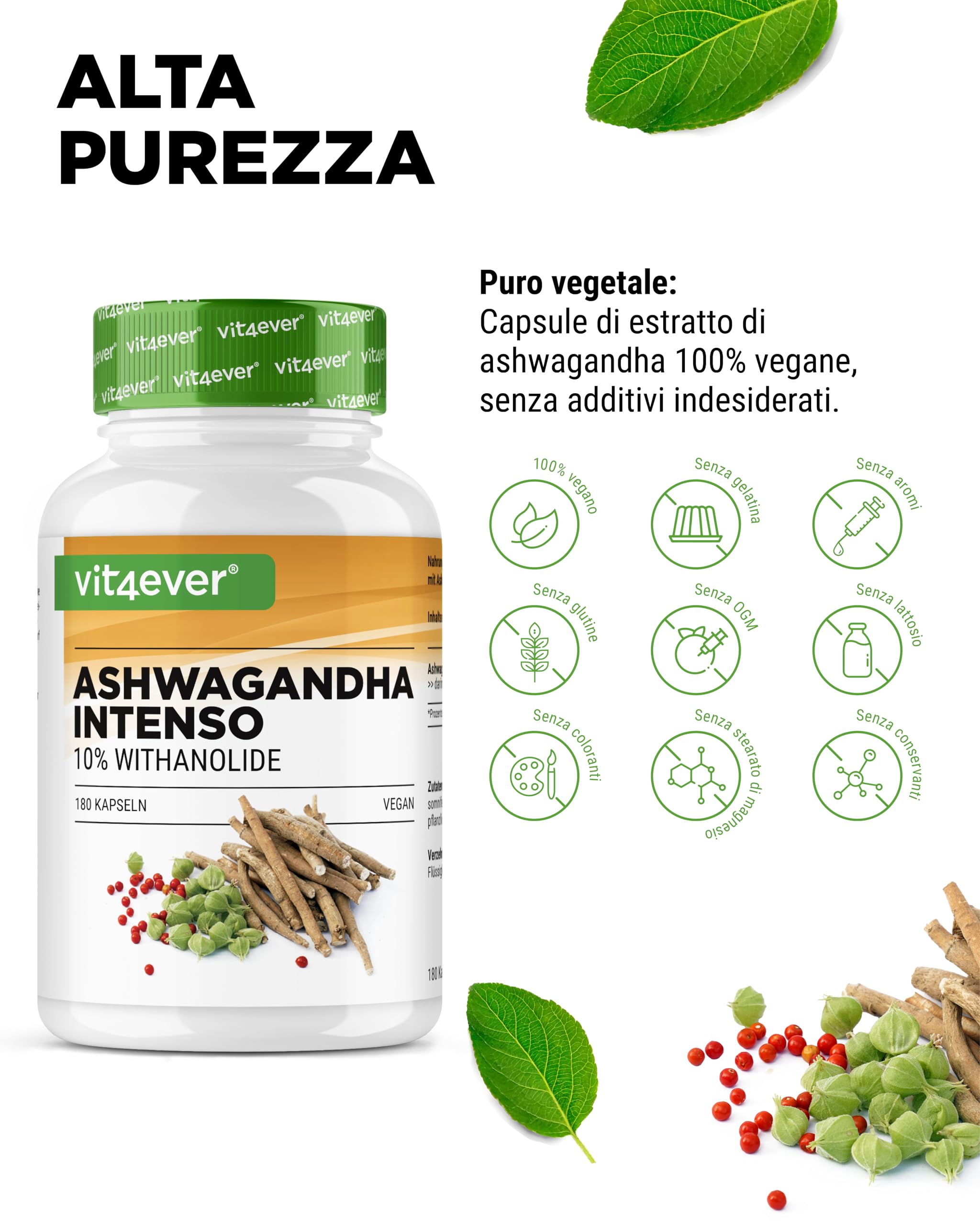 Ashwagandha - 180 capsule con 750 mg di estratto puro - Premium: 10% withanolidi - Alta purezza - Vegan - Altamente dosato - Qualità premium