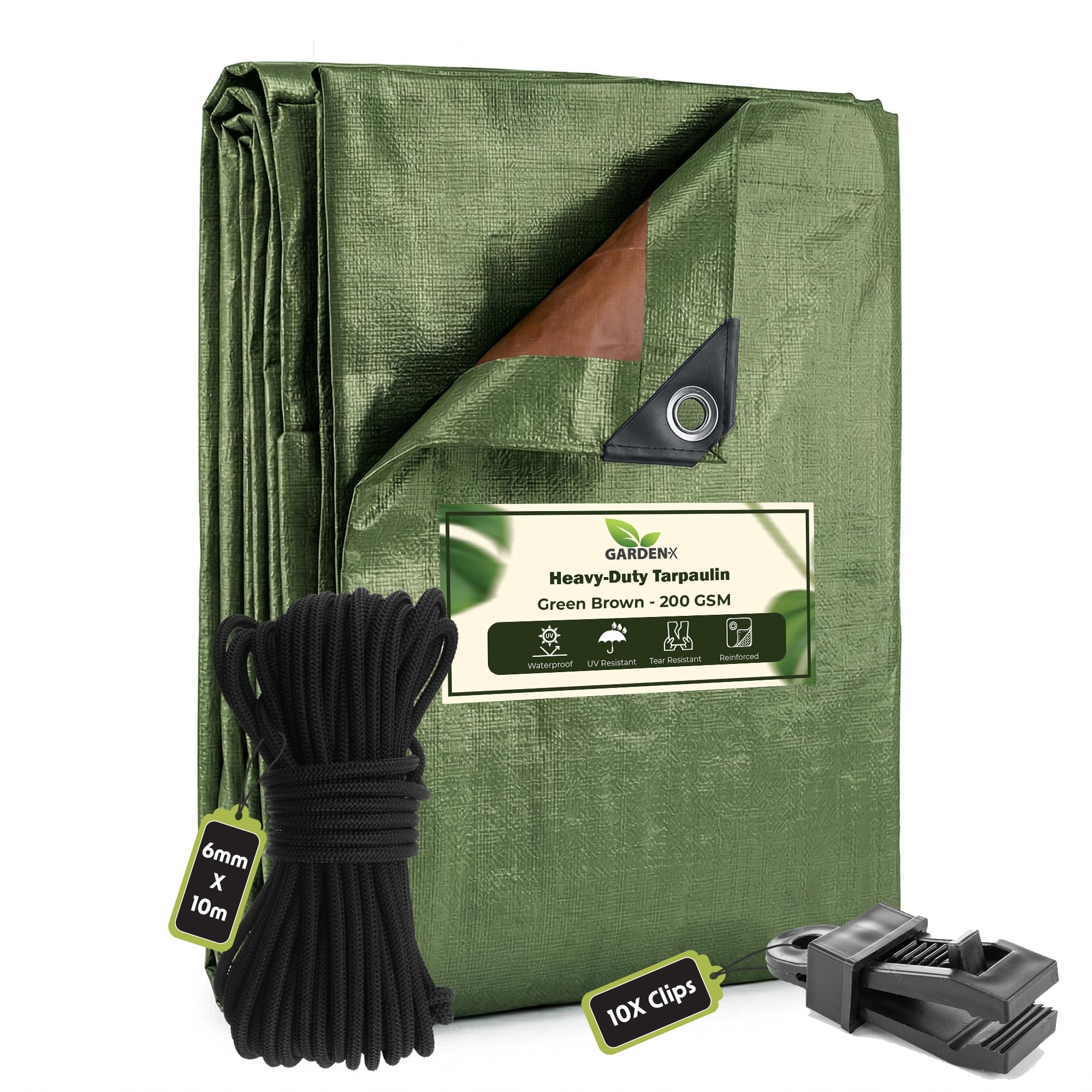 GARDENIX 3m x 5m Green Brown Heavy Duty 200gsm -eyelets every 50 cmTarpaulin Waterproof Tarp Sheet Cover, Groundsheet, Multipurpose, Reinforced +10m of 6mm Bungee Rope +10x Slide Type Tarp Clips