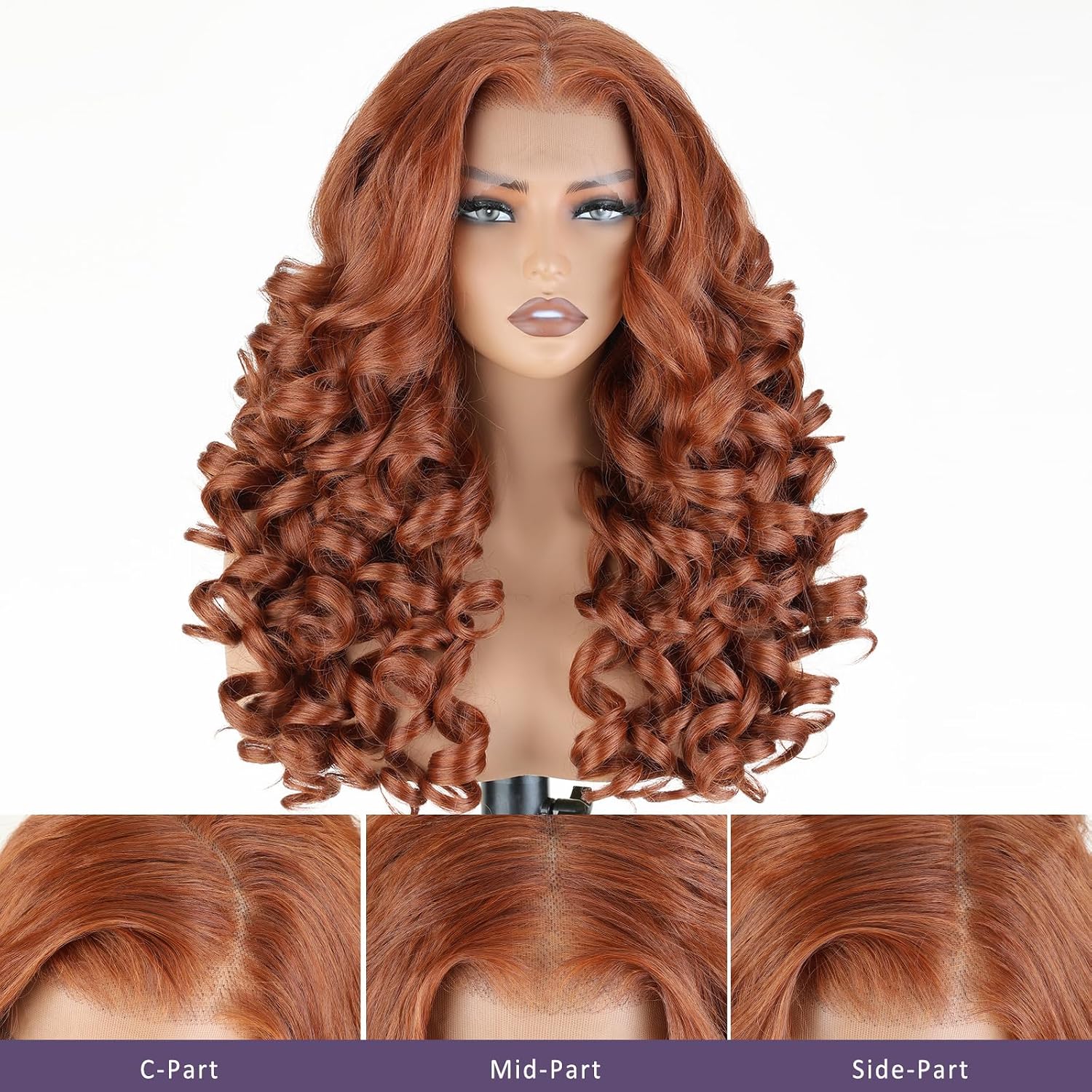 X-TRESS 20 Inch Reddish Brown Loose Wave Curly Wig Auburn Copper Brown Layered 13x6 HD Transparent Lace Front Wig Pre Plucked Glueless Wear and Go Synthetic Wig for Black Women(33B)