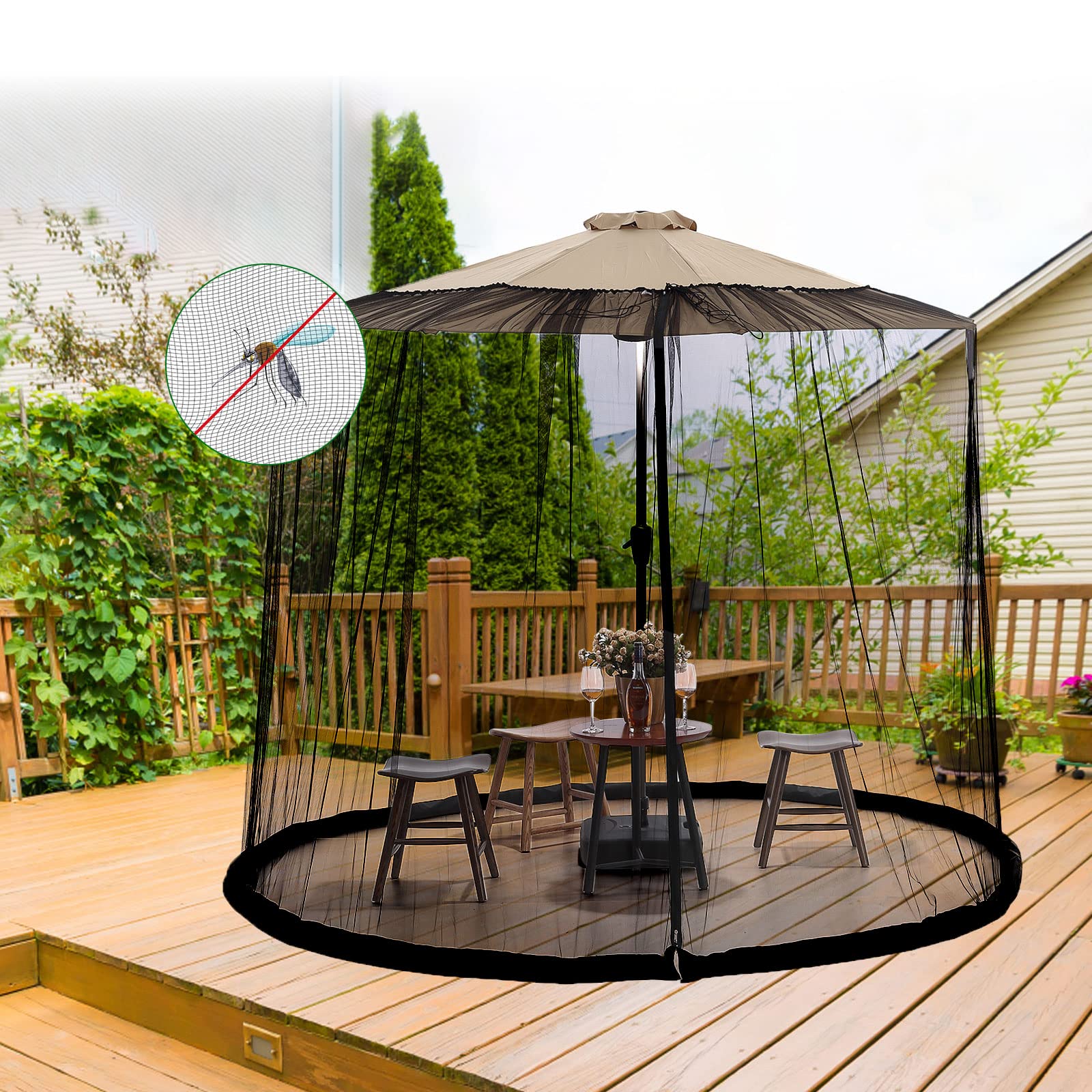 LiveGo Terrassenschirm, Moskitonetz, Polyester-Netzschirm, universeller Schirm, Moskitonetz mit Reißverschluss-Tür und verstellbarem Seil, passend für Outdoor-Regenschirme und Terrassentische
