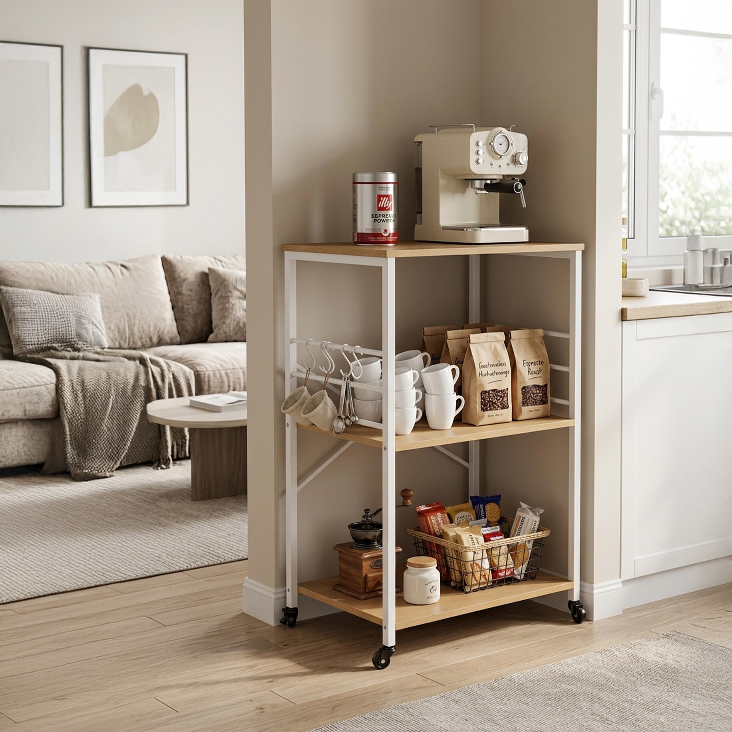 Relaxdays Carro de Cocina, 3 estantes, 6 Ganchos en S, Natural/Blanco
