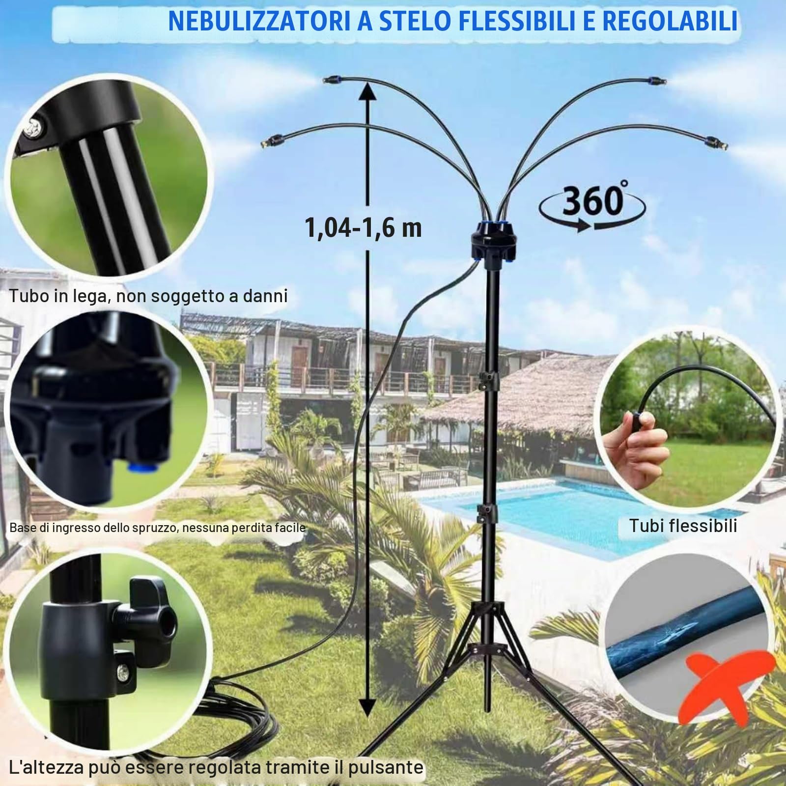 Nebulizzatori in Piedi per Patio Esterno da 1,5 m, Sistema di Nebulizzazione per Raffreddamento con Tubo dell'Acqua da 8 m, Ideale per Giardini e Spazi Esterni