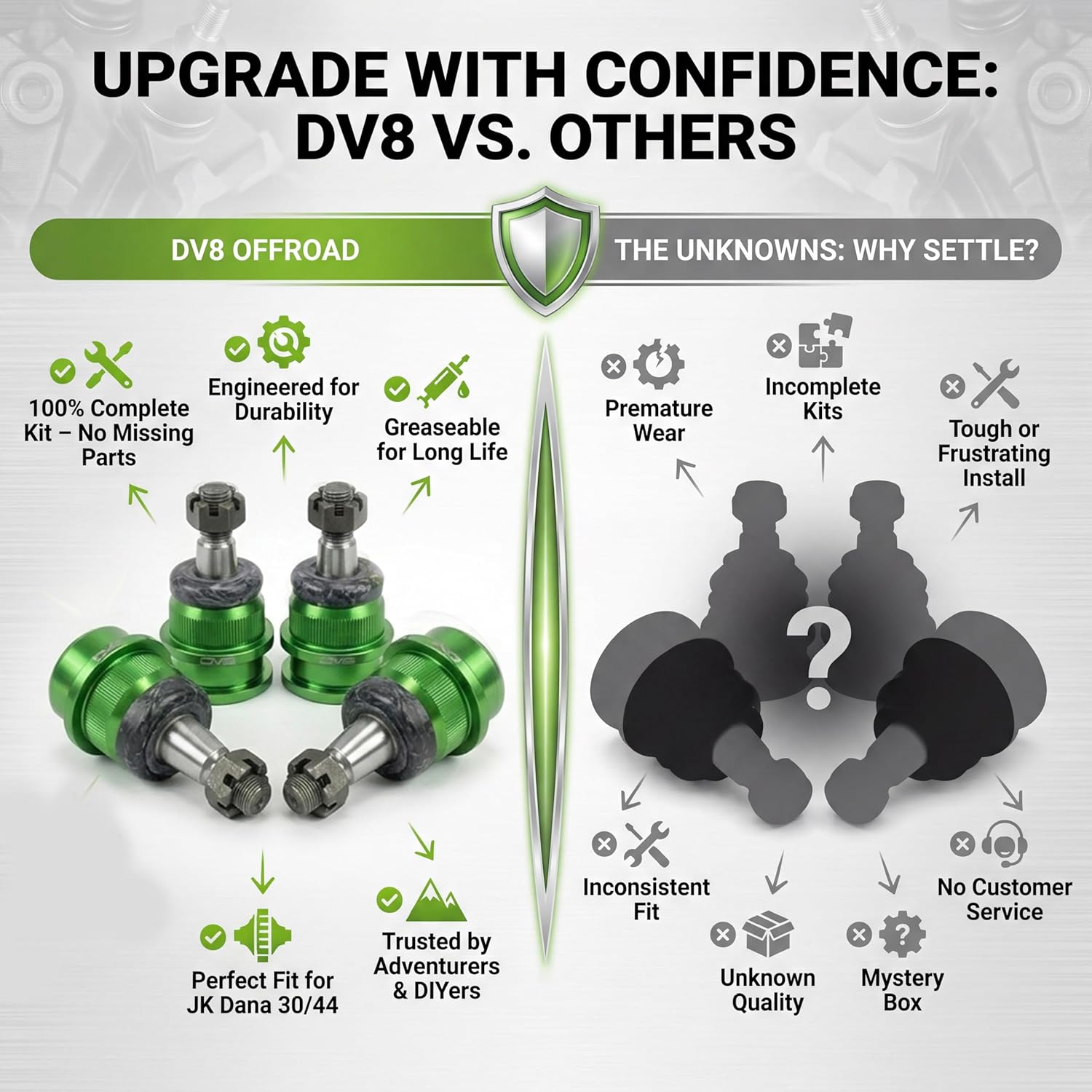 DV8 Offroad Upgraded Ball Joint Set Compatible with Jeep Wrangler JK 2007-2018 - Front Upper and Lower Ball Joints Kit - Heavy Duty Chromoly Replacement for Dana 30 & 44 Axles
