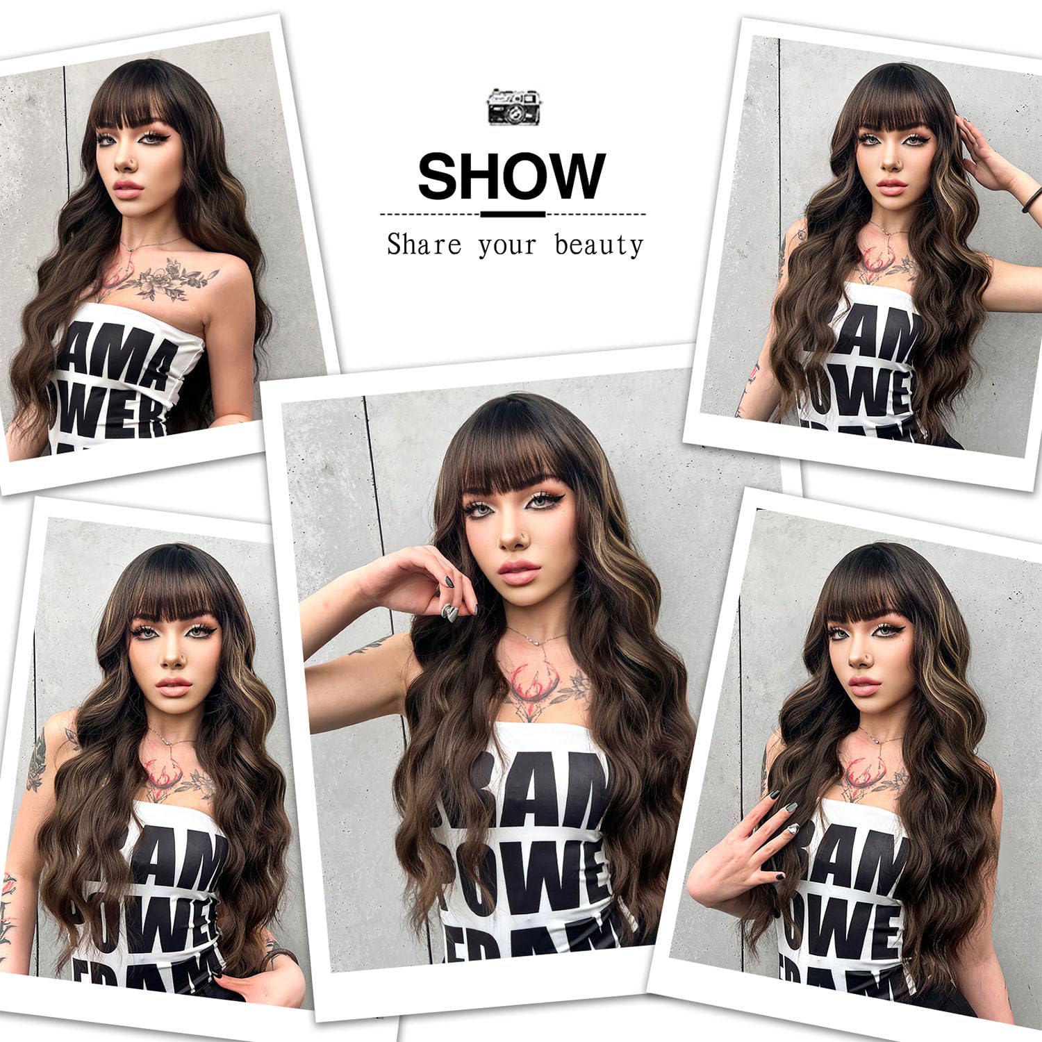BOGSEA Brown Wigs with Bangs Long Wavy Wig for Women Brown Highlights Wigs with Bangs Synthetic Heat Resistant Fiber Wigs for Daily 26 Inch - Image 6