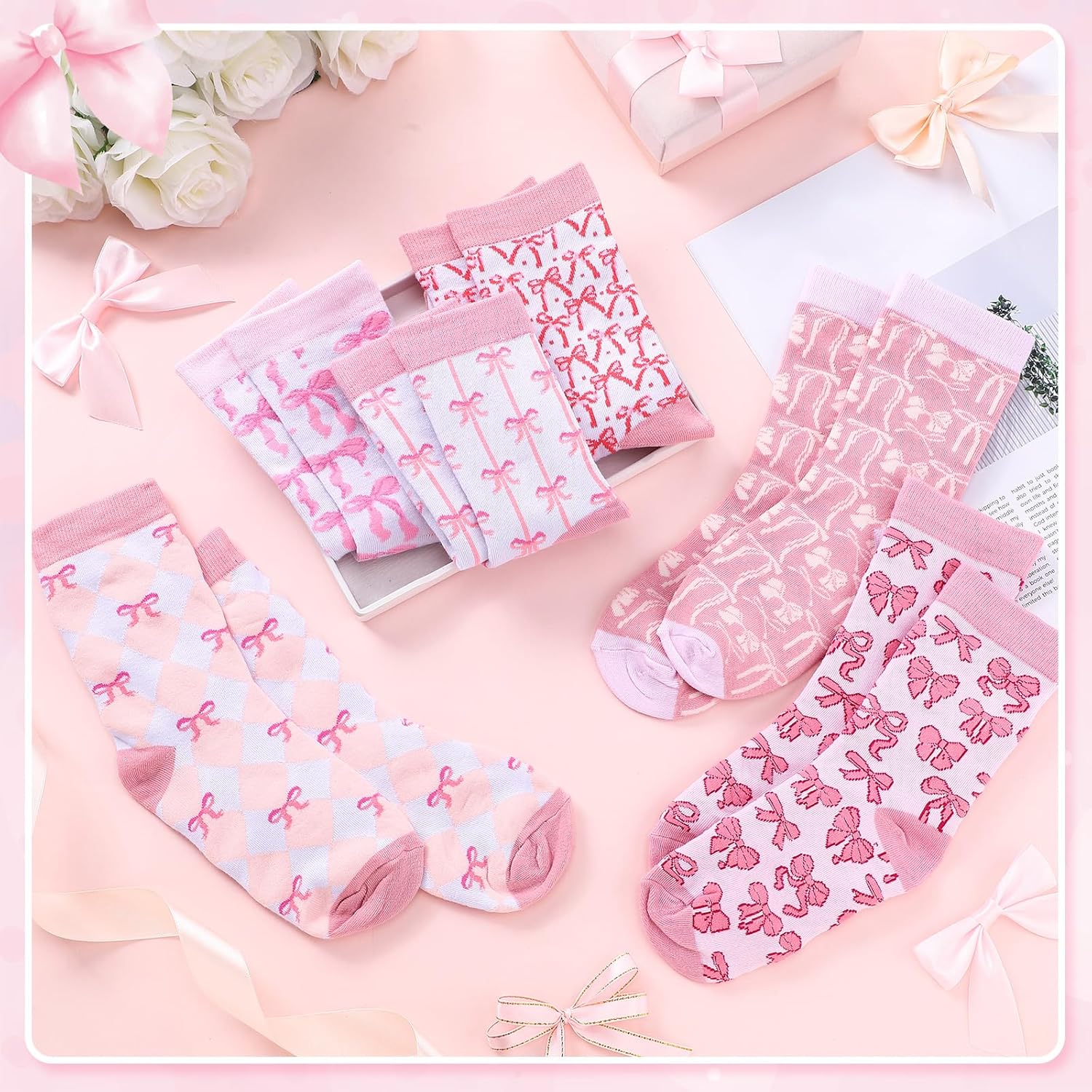 Jadive Valentine's Day Coquette Pink Bow Socks Pink Bow Women's Inspired Socks Ornament for Birthday Decor Gift - Image 3