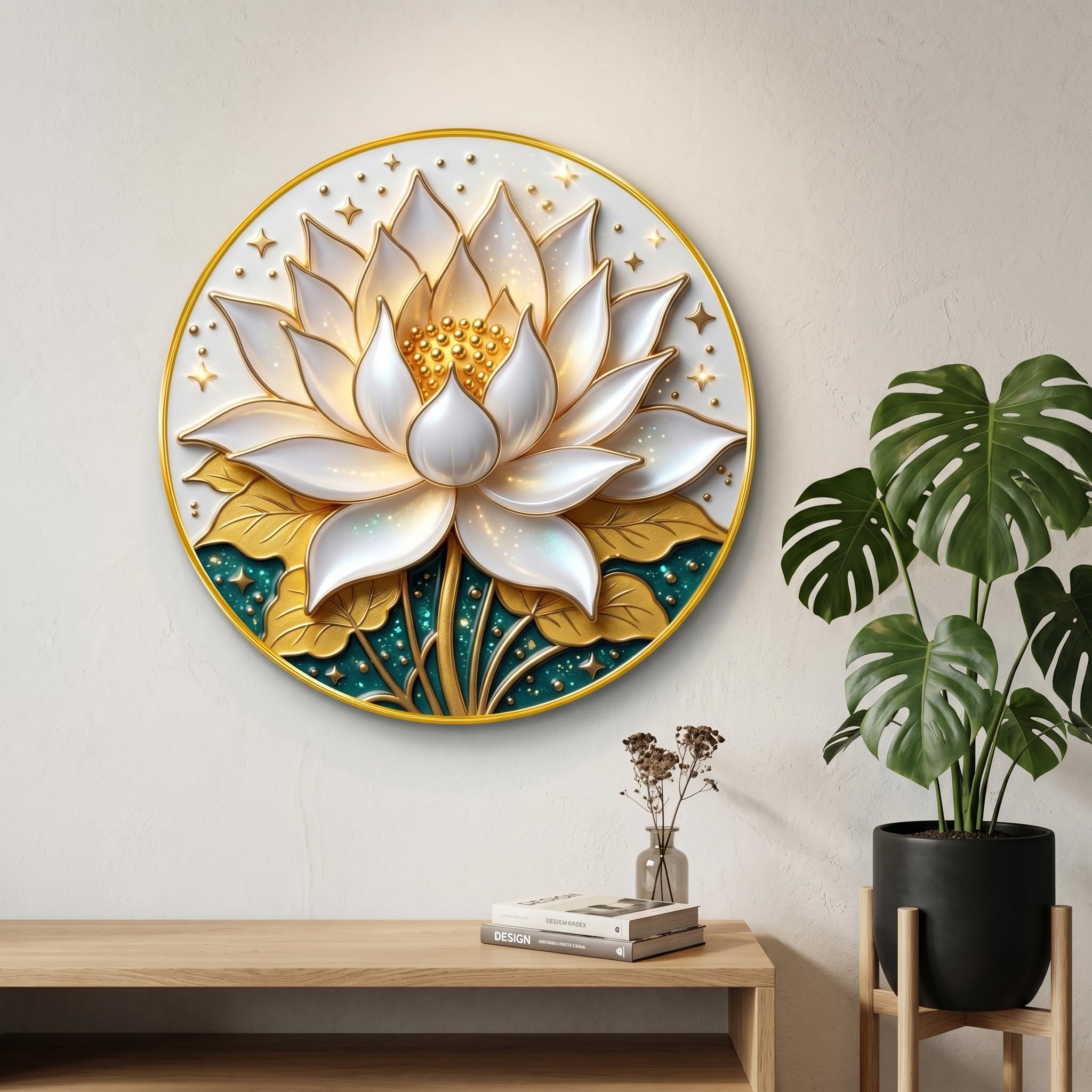 SAF Lotus Flower Wall Painting with Golden PVC Frame Round Floral Wall Art Modern Elegant Decor for Living Room Bedroom Office Spiritual Home Decorative Gift Item (16 x 16 Inch) GRM-354-image-25