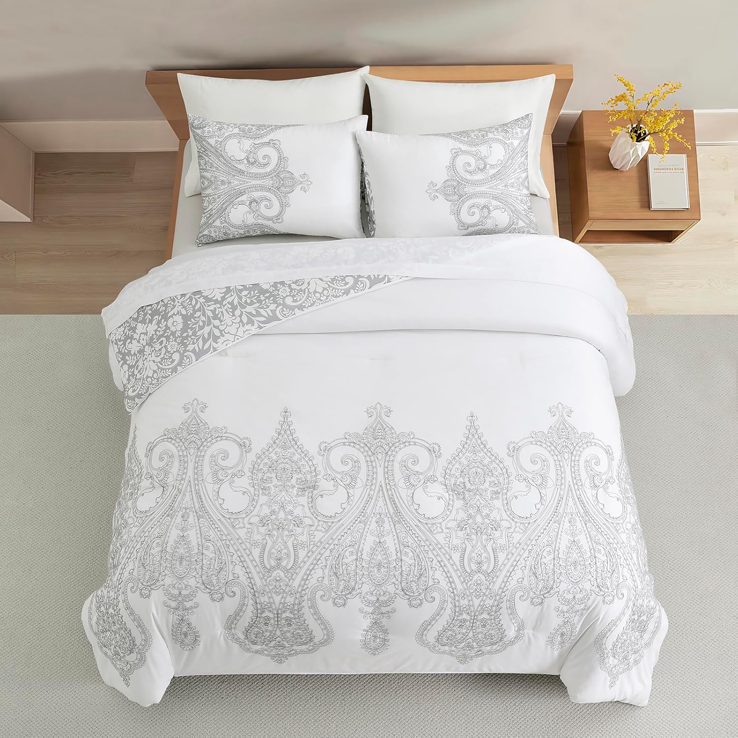 Sunshine Nicole Reversible Comforter Set, Brushed Microfiber Fabric with Embroidery for Front and Printed Microfiber Fabric for Reverse, 3 Pieces Navy King