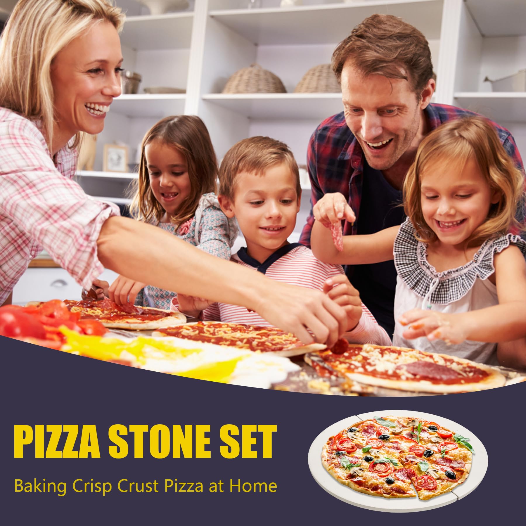 Juego de piedras para pizza: piedra redonda grande de 15 pulgadas para horno y parrilla, piedra duradera y segura para hornear, piedra de cocina resistente a los golpes térmicos con pala de madera