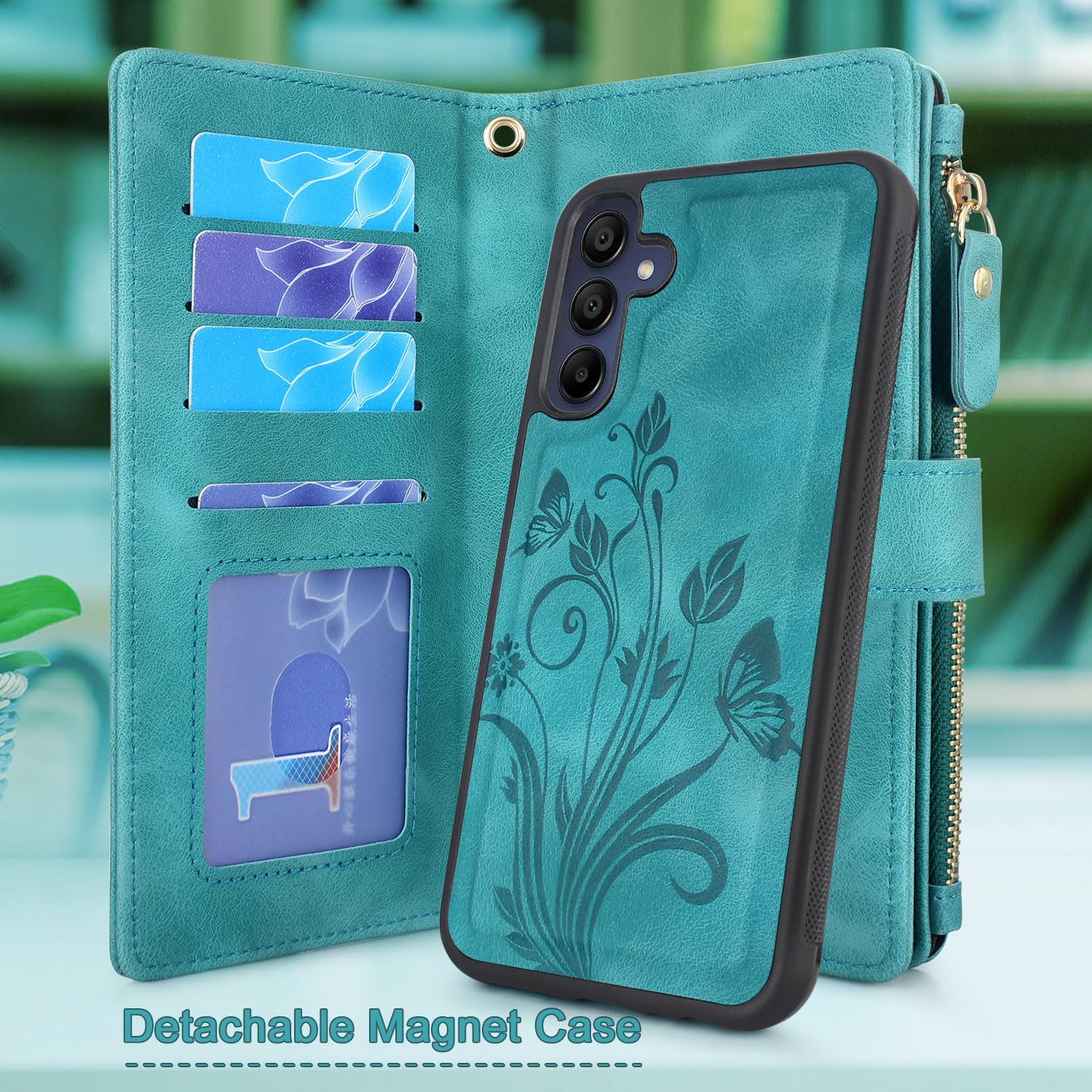 Lacass Case Wallet for Samsung Galaxy A15 5G, [12 Card Slots] ID Credit Cash Holder Zipper Pocket Detachable Leather Wallet Cover with Wrist Strap Lanyard?Floral Blue Green?