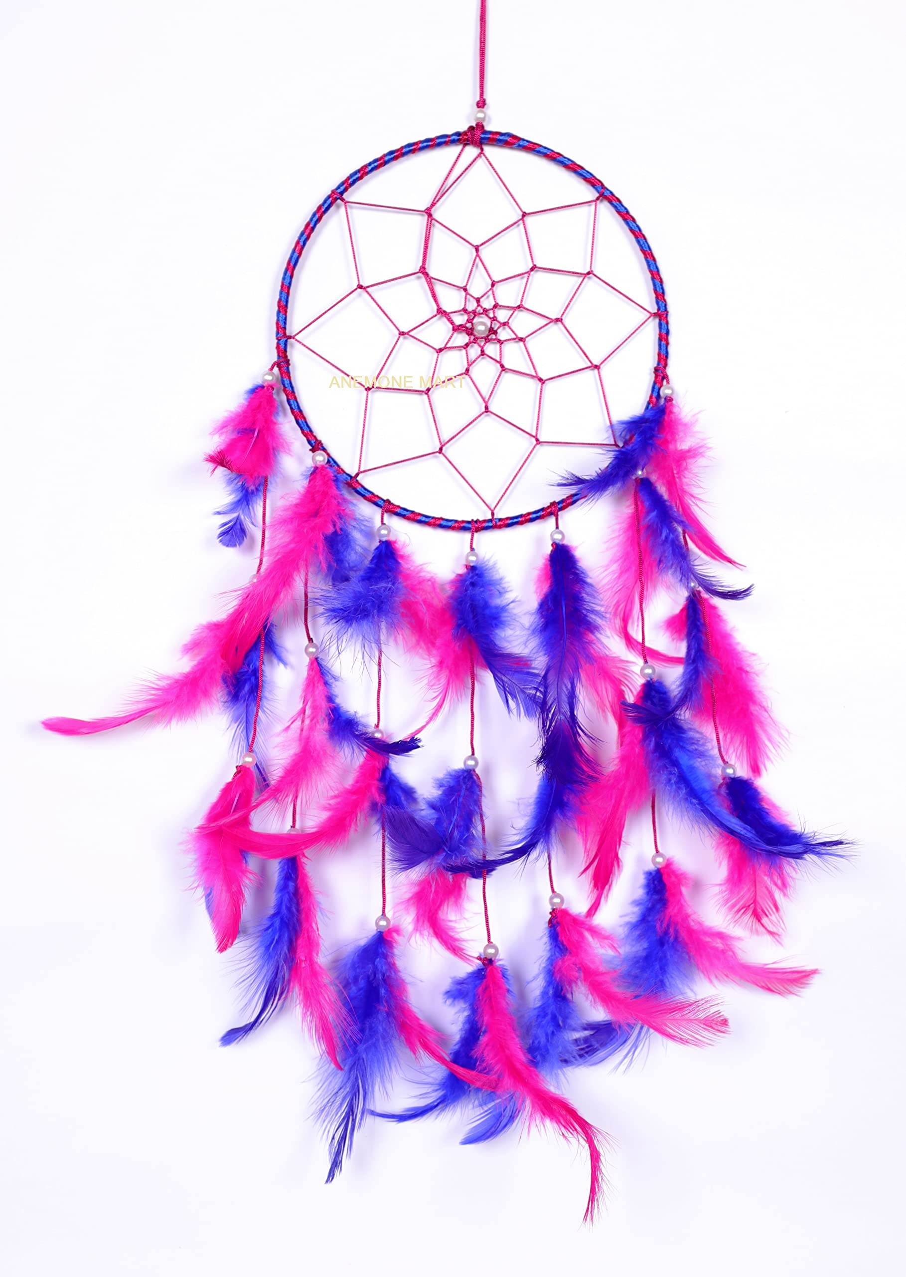 ANEMONE MART® Dream Catcher Pink & Blue Colour 6 inch Ring Size Natural Feather-image-46