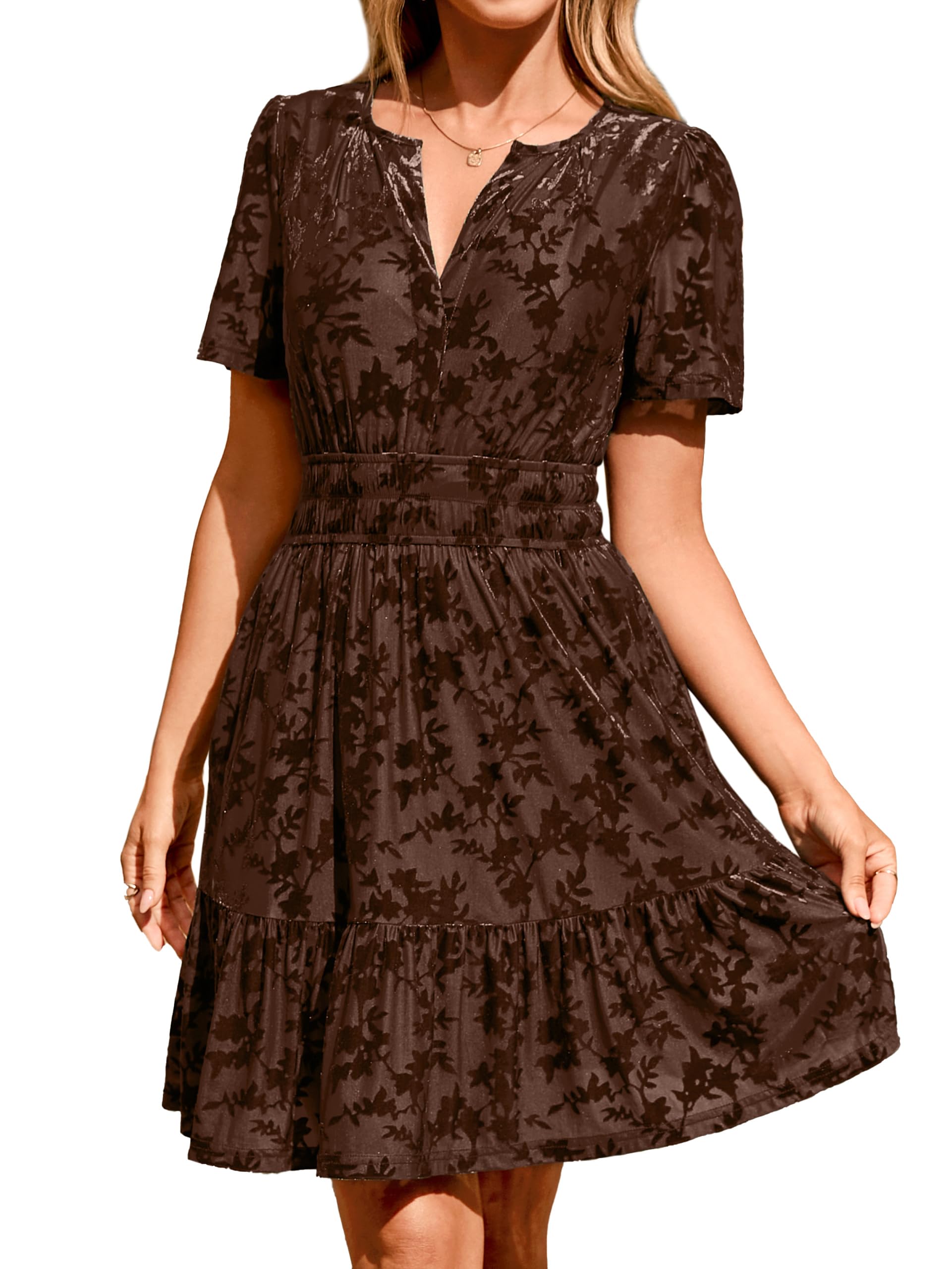 Simplee Women's 2026 Velvet Short Sleeve Cocktail Dress Fall Winter Casual V Neck Empire Waist Mini Dresses with Pockets