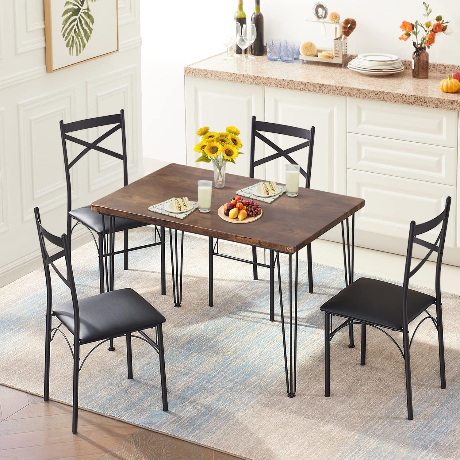 VECELO 5-Piece Dining Table Set for Home Kitchen Breakfast Nook, 4, Rustic BRN