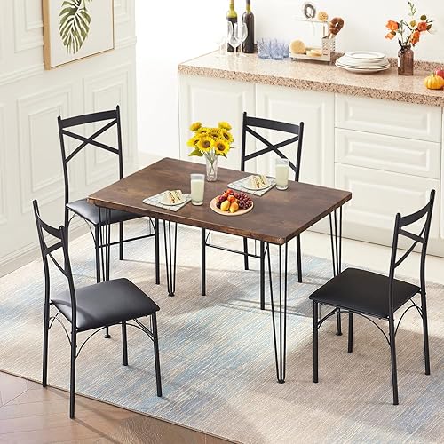Miniatura 3 de VECELO Juego de mesa de comedor de cocina para comedor, rincón de desayuno, 4 sillas con marco de metal de poliuretano, rectangular, juego de 5,