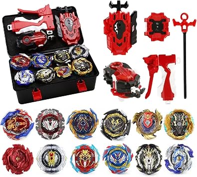 Gyro Battle Burst Gyro Toy Set Great Present for Kids Children Boys Ages 6 8 10 12+ Metal Fusion Top Battling Game 12 Spinning Tops 3 Two-Way Launcher 1 Handles B