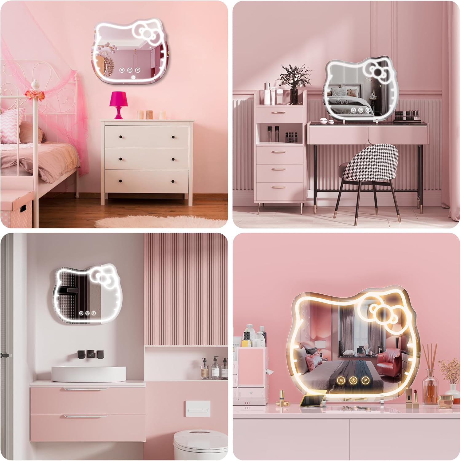YiaMia Hello Kit Vanity Mirror with Light, 3 Light Colors + Dimming, Hello Kit LED Mirror, for Girls, Suitable for Desktops, Walls, Bedrooms, and Room Decor - Image 4