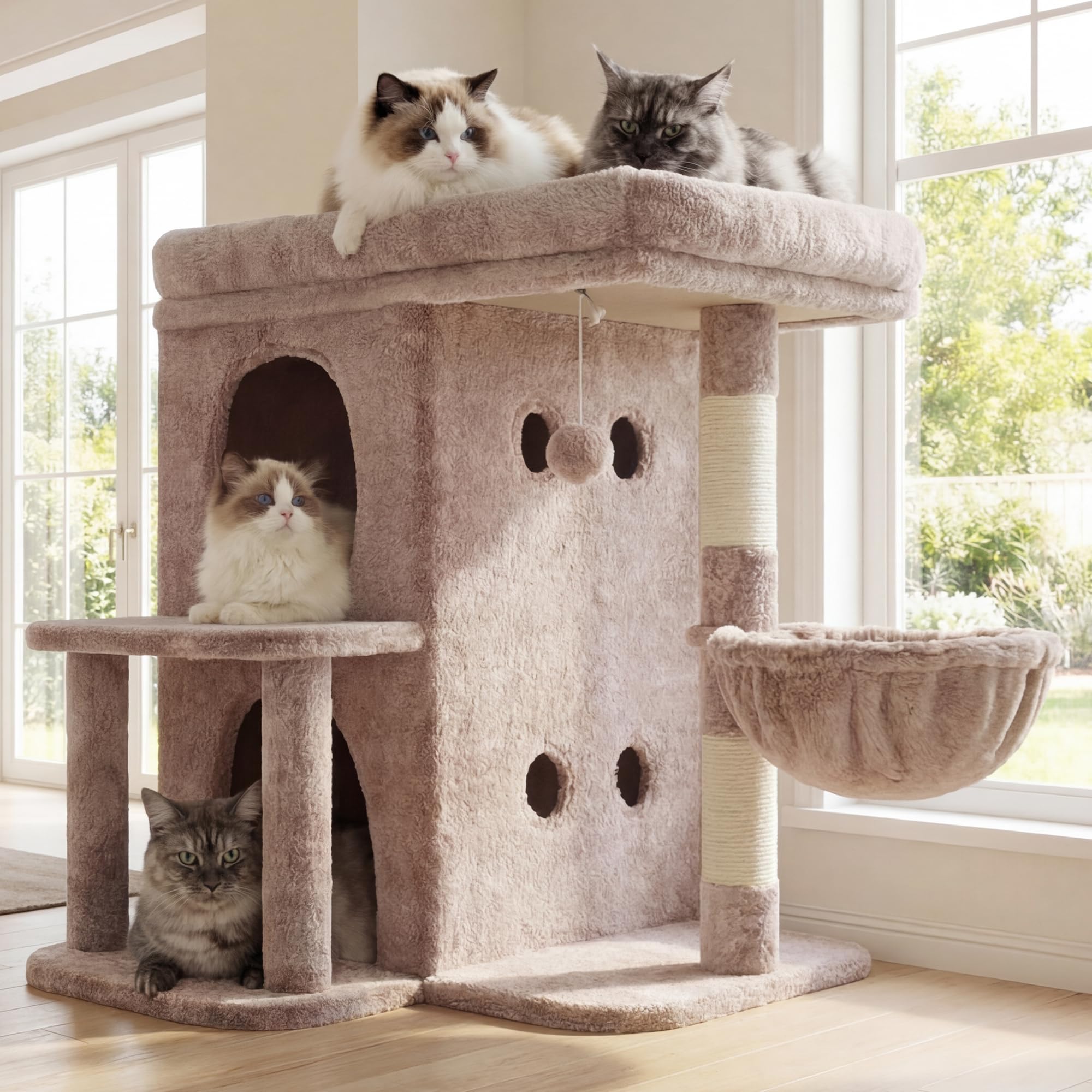 Heybly Cat Tree, 65cm Cat Tower with Spacious Top Perch for Large Cats, Stair-Style Cat House Furniture with Dual-Layer Condos, Sisal Scratching Posts, Cozy Basket & Pompom, Muchroom HCT204SMU