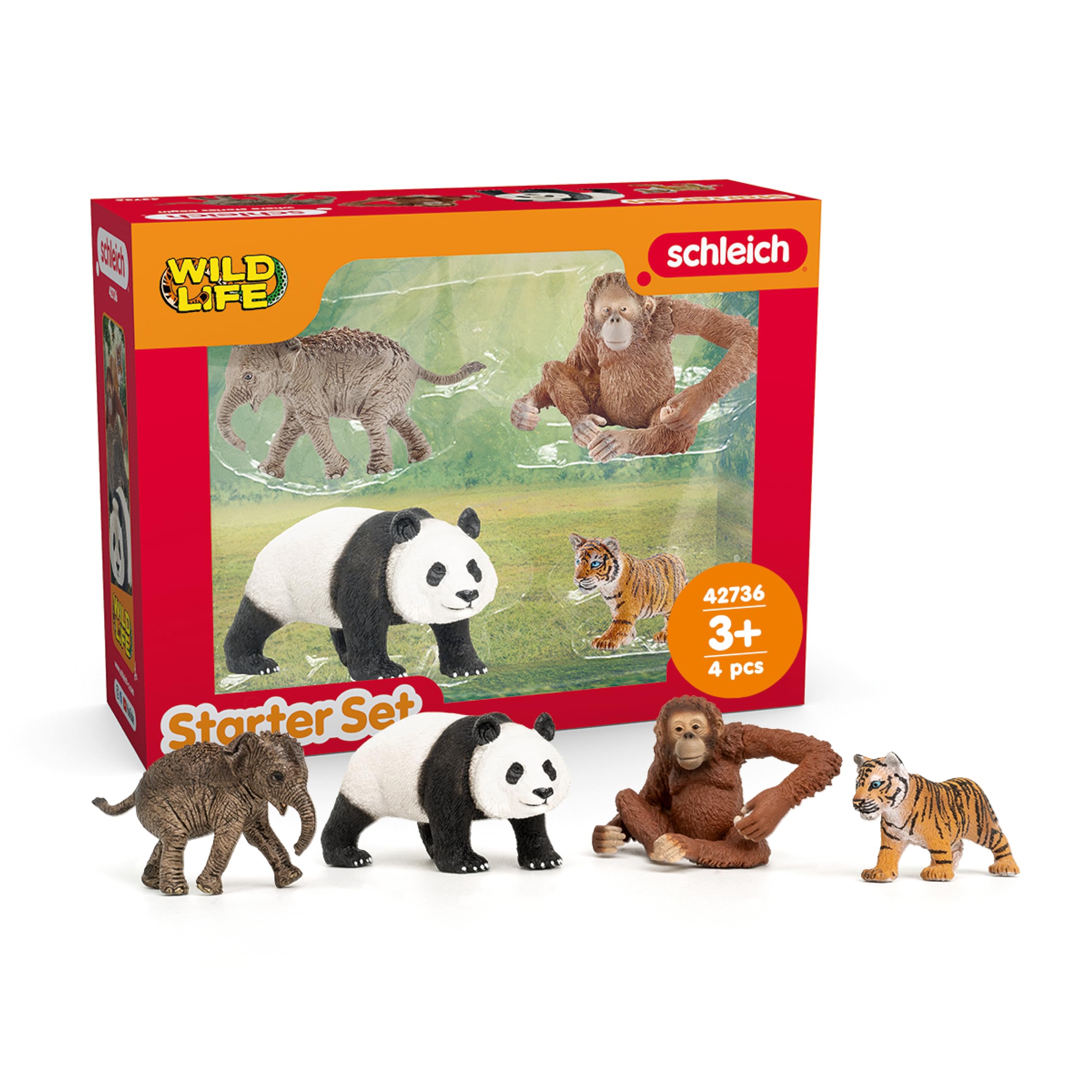 Schleich Wild Life | Coffret Asie 42736 avec éléphant, Panda, Tigre et Singe au Bras Mobile | Figurines Animaux | Jouet Zoo & décoration Jungle | dès 3 Ans | Coffret 4 pièces