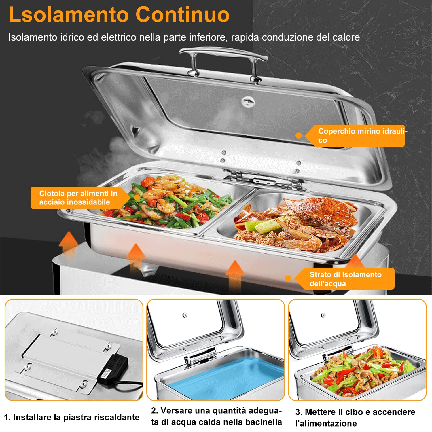 9L Chafing Dish Scaldavivande Elettrico per Buffet Acciaio Inox | Contenitore Vassoio di Riscaldamento Pentole con Coperchio Visibile, Scaldavivande per Buffet Feste Ristoranti