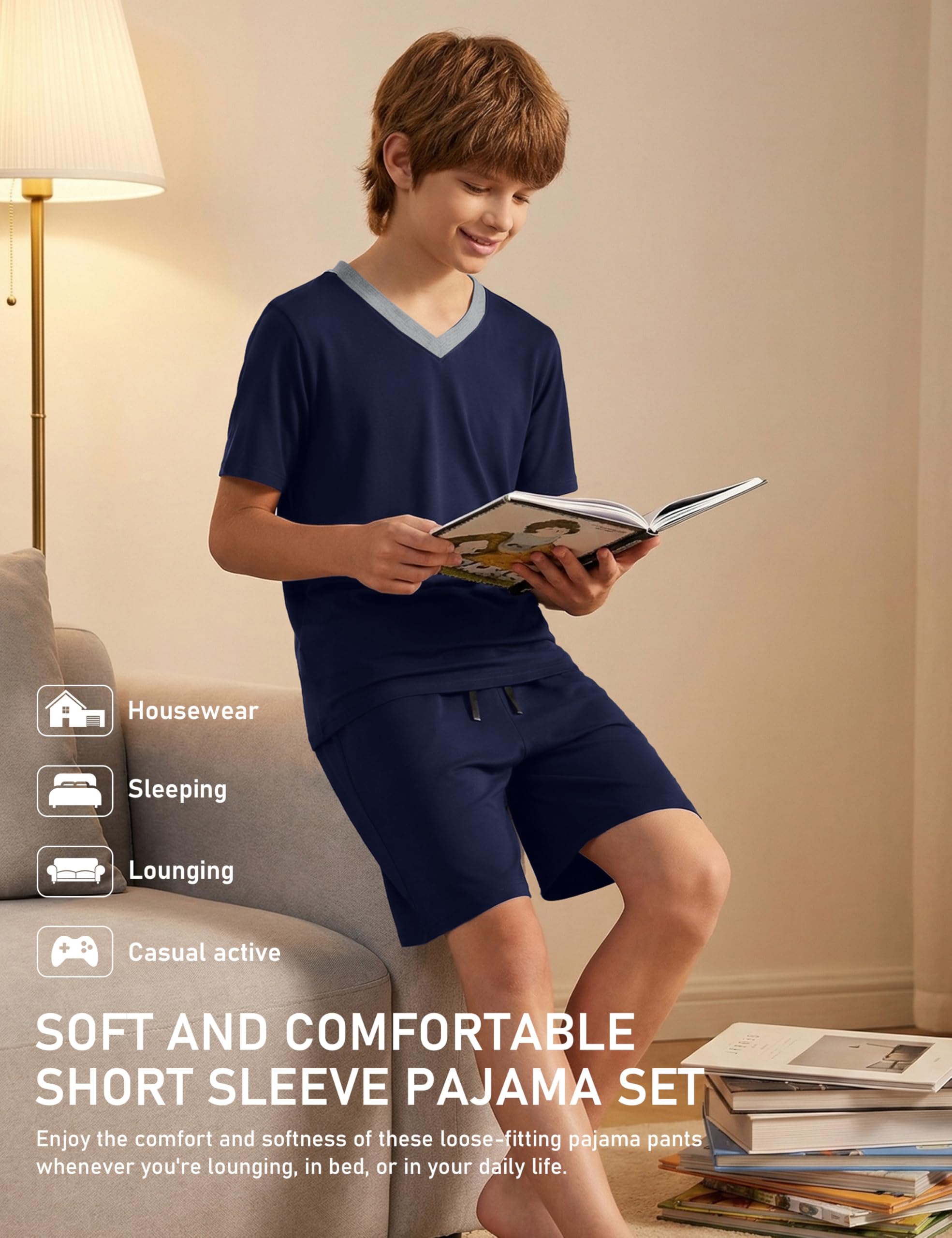 MoFiz Pyjama Garcon Coton Ensembles de Pyjama Court Vêtements de Nuit Col en V Manche Courte Haut de Pyjamas et Short Enfants128 cm à 176 cm