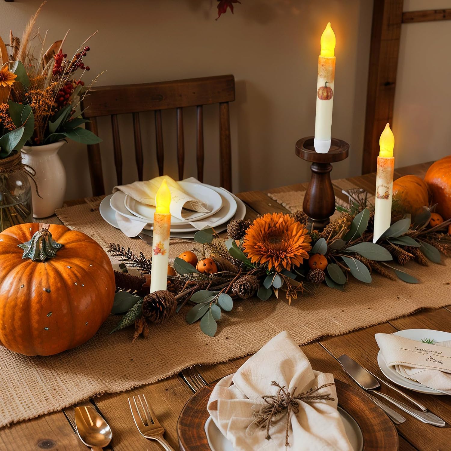 Baquler 6 Pcs Thanksgiving Flameless Candles 6.5 Inch Short Fall Pumpkin Maple Leaf Taper Candles Battery Operated LED Candlesticks for Autumn Thanksgiving Dinner Table Centerpiece Home Party Decor