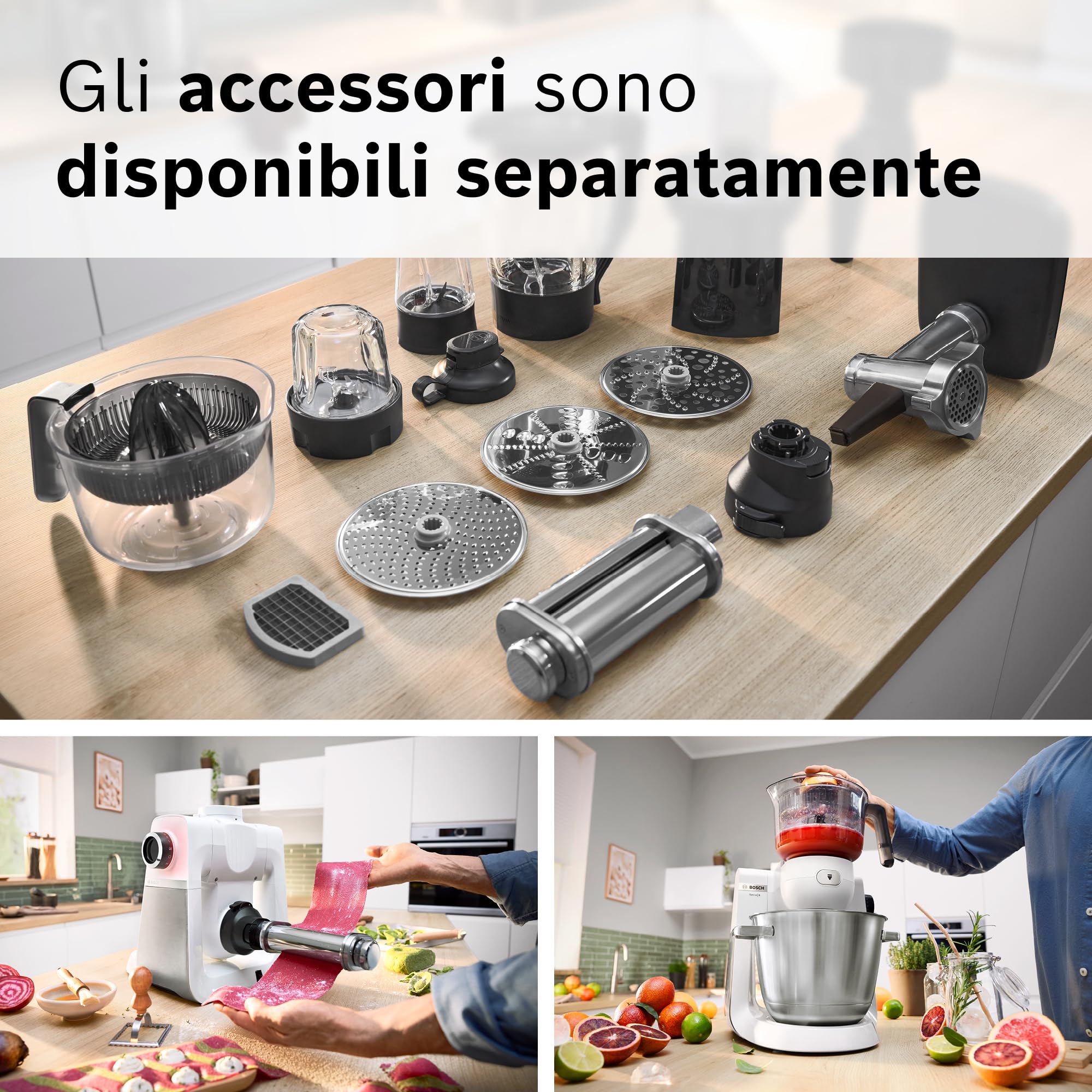 Bosch Serie 6 Planetaria MUMS6EW22, Potente Motore da 1600 W, Ciotola XXL da 5.5 L in Acciaio Inox, Frusta e Ganci, Dischi Vari, Frullatore, Accessori Inclusi Lavabili in Lavastoviglie, Bianco