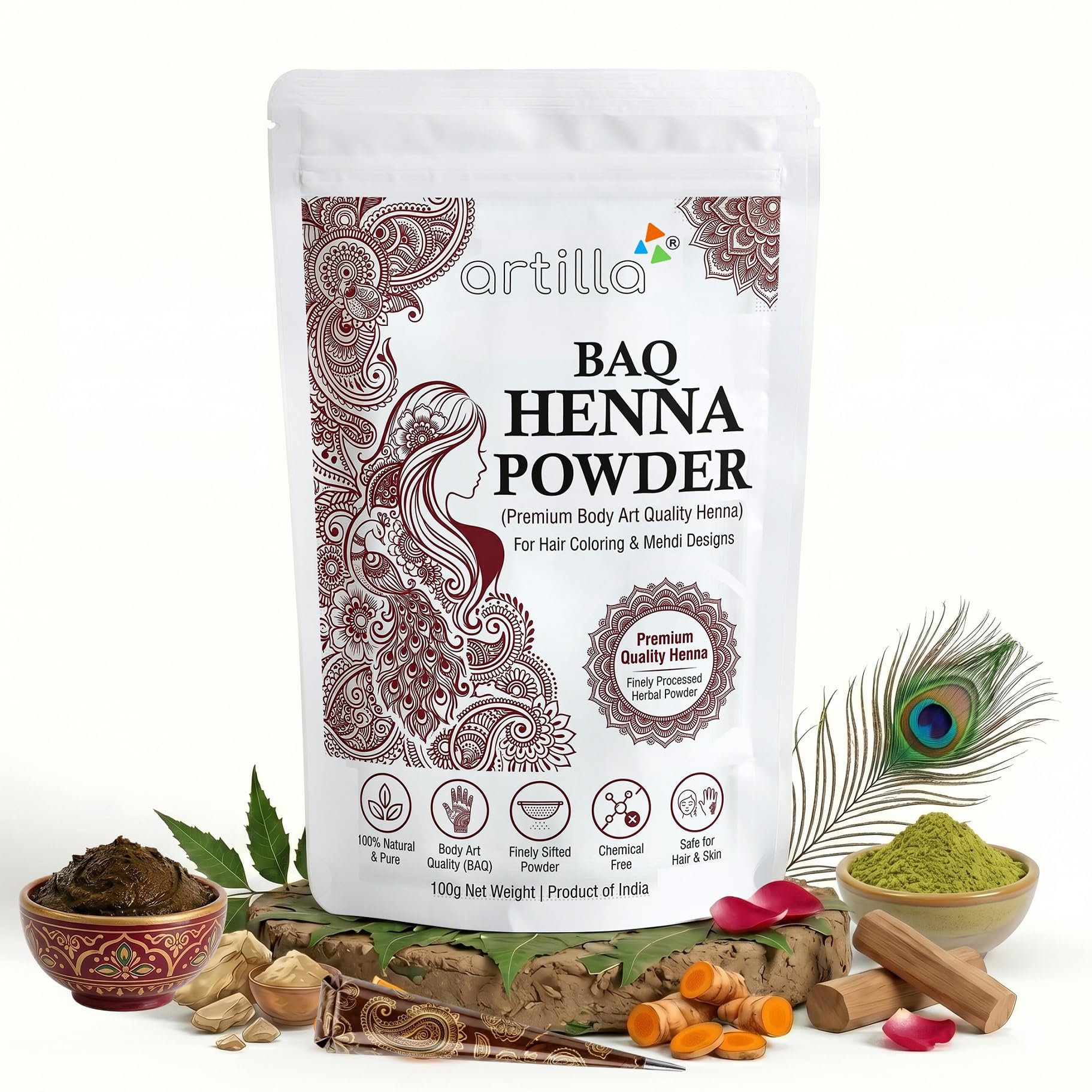 Artilla BAQ Henna Powder Premium Natural Herbal Hair Color and Mehndi Powder, Finely Processed for Smooth Texture, Chemical Free, Suitable Hair Conditioning, Body Art and Traditional Beauty Uses 100g-image-33