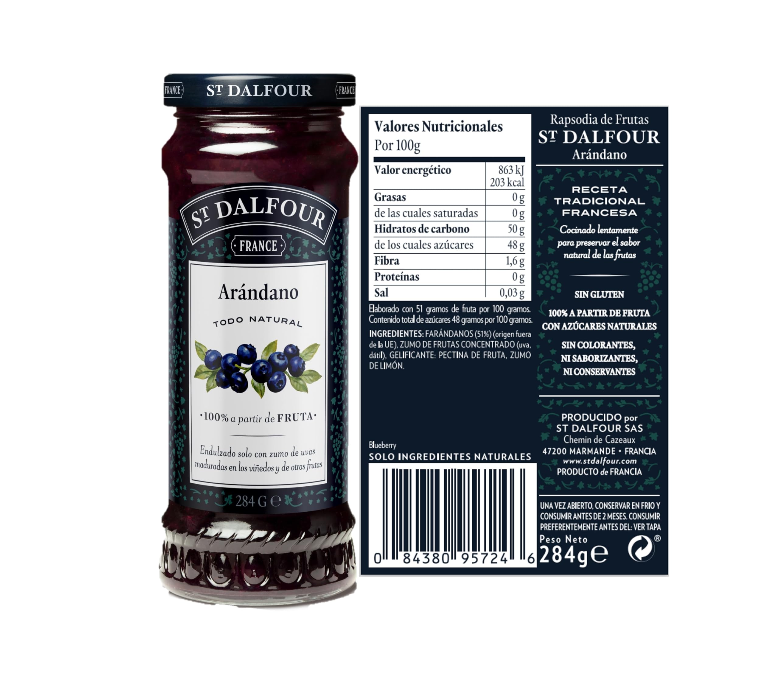 St Dalfour ARÁNDANO | Fruta triturada | Mermelada natural | Caja 6 frascos x 284gr | 100% fruta sin azúcares añadidos