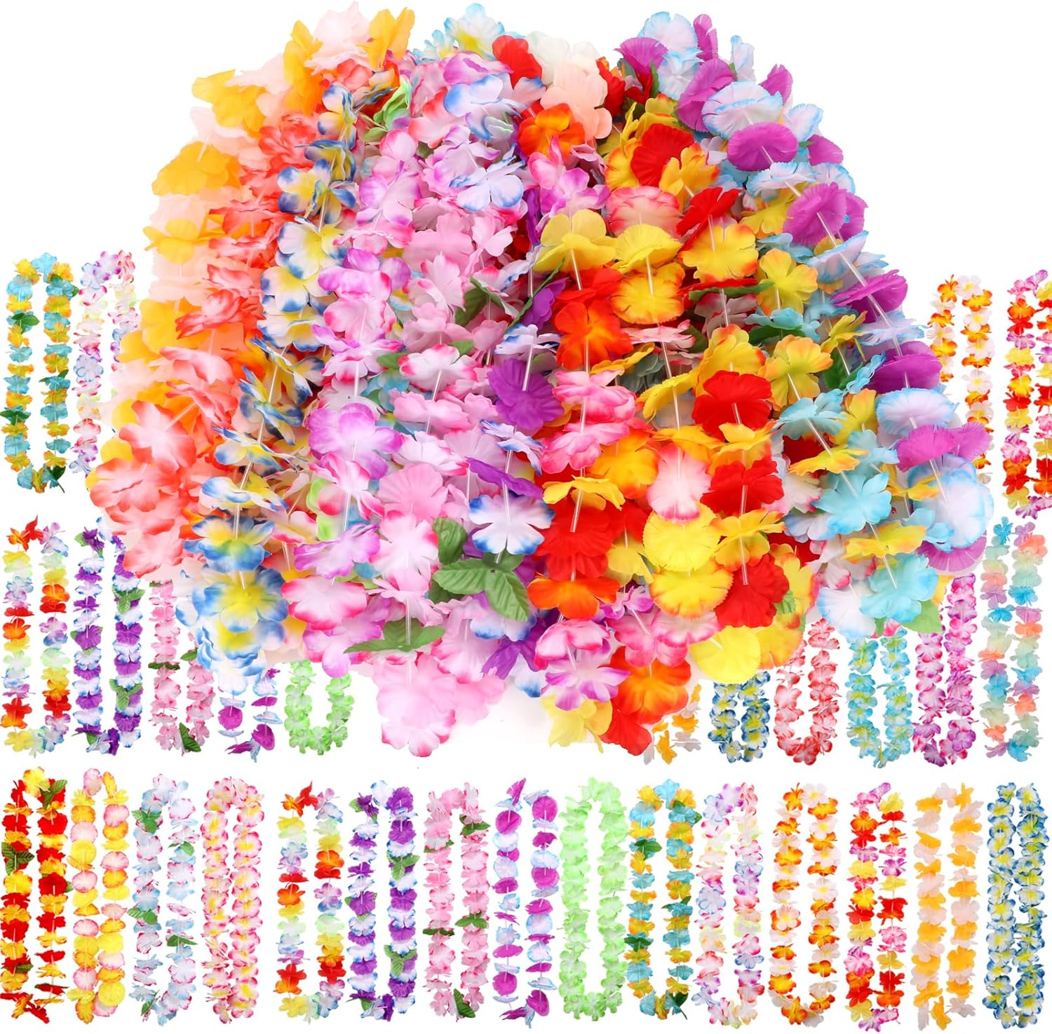 Atonofun 120 Counts Hawaiian Leis Bulk, Hawaiian Leis Flower for Luau Theme Party Decorations Colorful Tropical Flower Necklace for Kids Adults Hawaii Beach Luau Party Favors Supplies