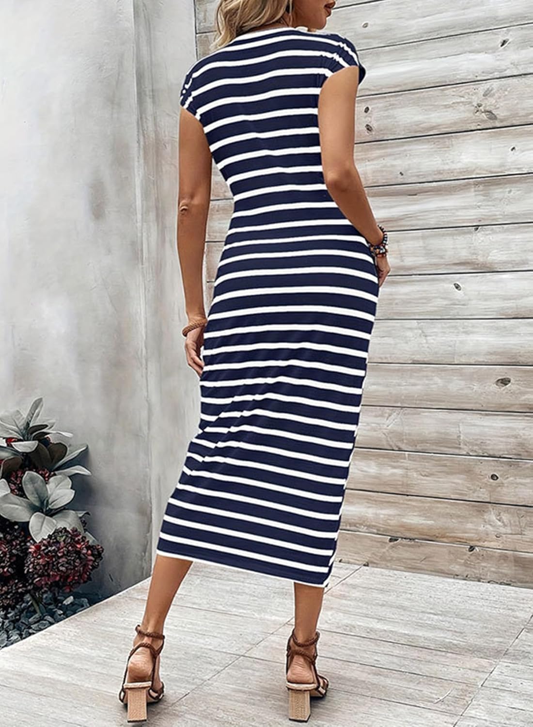 Womens Cap Sleeve Striped Fitted Work Casual Office Elegant Long Midi Dress - Image 2