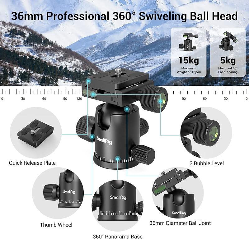SMALLRIG 3935 180cm Alumínium Kamera Tripod Monopod, 360° Gömbfej, Telefontartó, 15kg Terhelhetőség