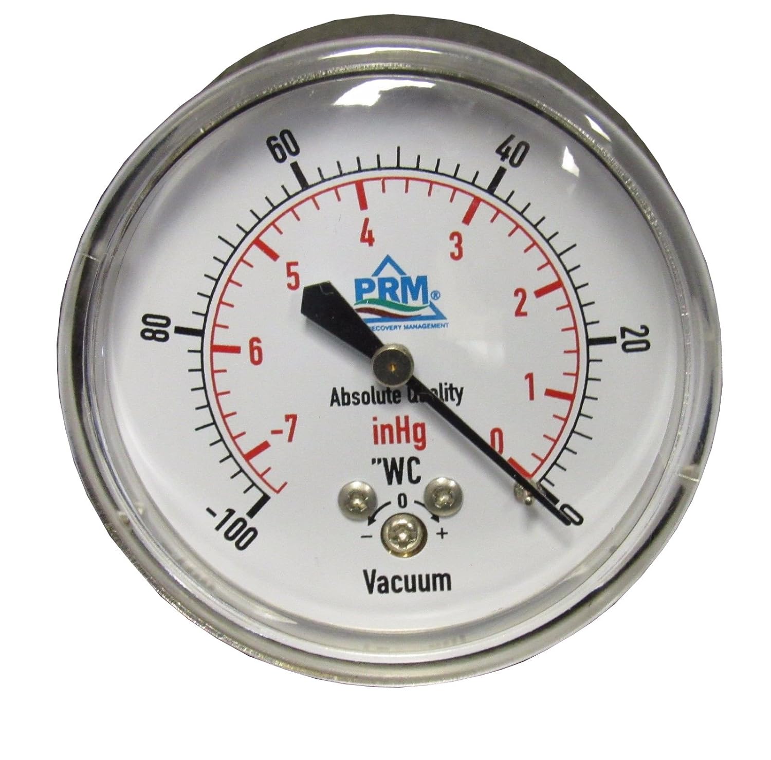 PRM Vacuum Gauge 0 to -100” WC / 0 to -7 inHg, 2.5 Inch Chrome Plated Steel Case, Brass Internals, 1/4 Inch NPT Back Mount, Dry Gauge for Air & Water Systems