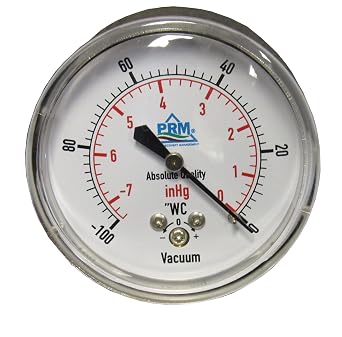 PRM Vacuum Gauge 0 to -100 WC / 0 to -7 inHg, 2.5 Inch Chrome Plated Steel Case, Brass Internals, 1/4 Inch NPT Back Mount, Dry Gauge for Air & Water Systems