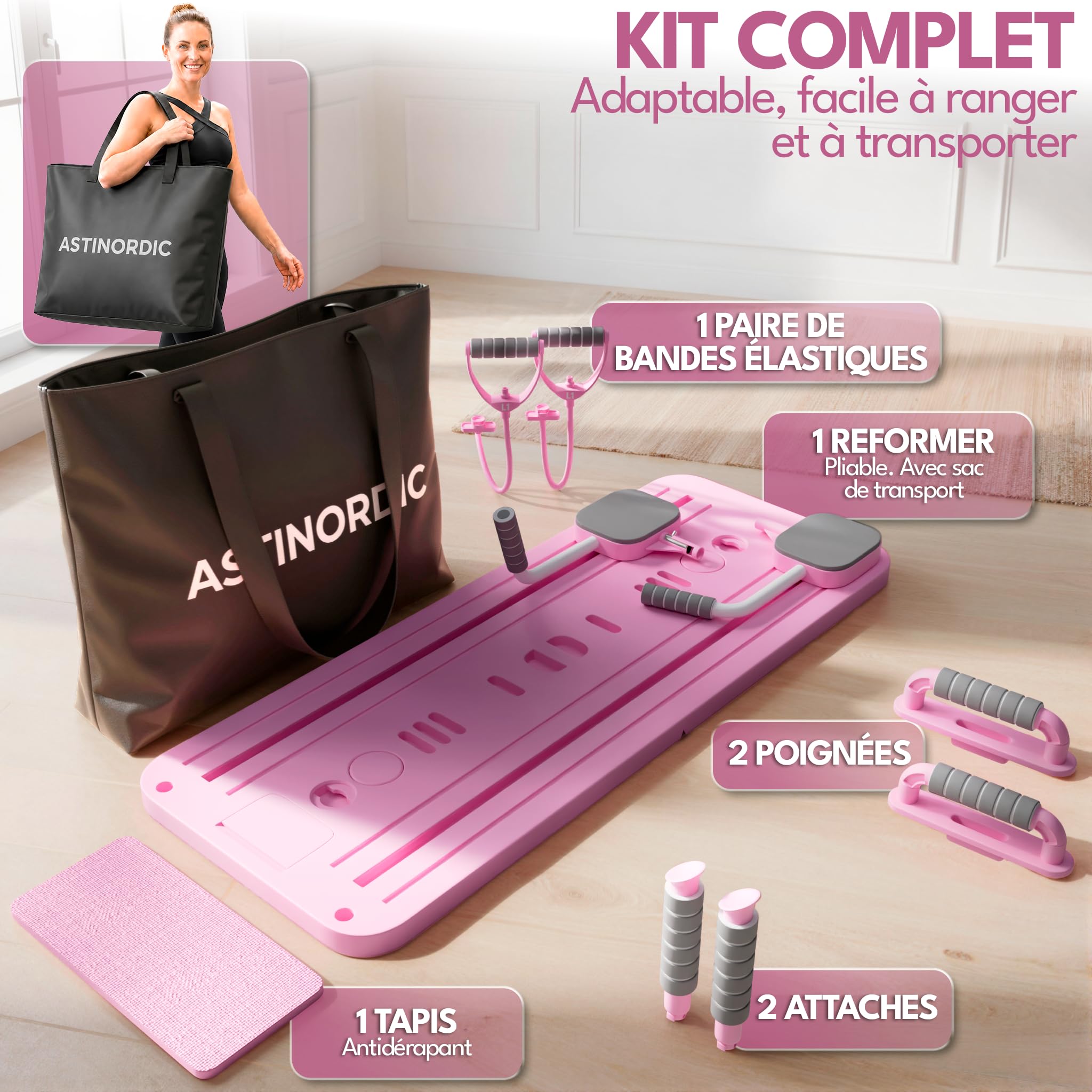 Reformer Pilates Pliable avec Accessoires & Guide 10 Exercices – Pilates Reformer Machine, Pilates Board / Planche Pilates, Mini Reformer Pilates, Appareil de Sport Maison