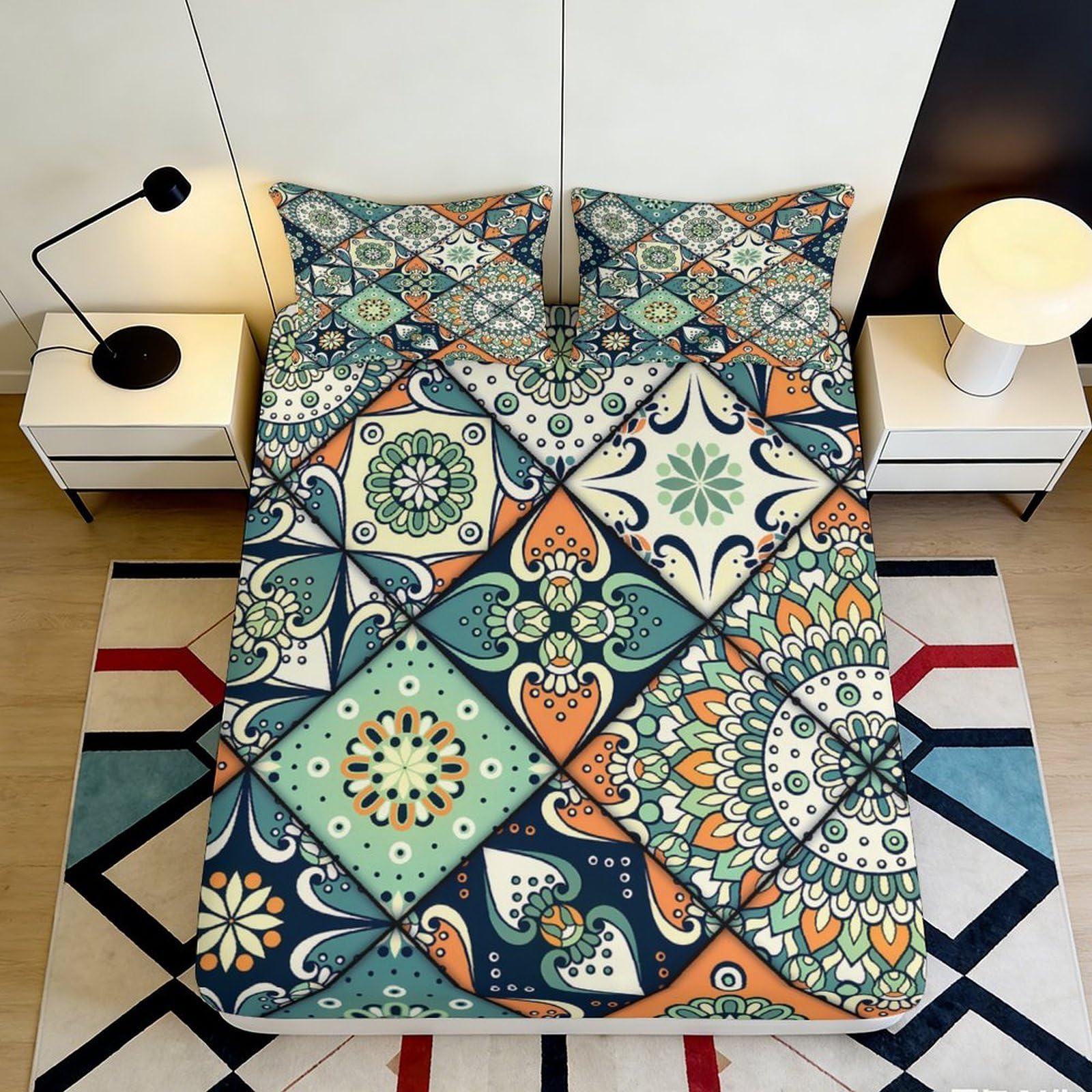 3D Printed Mosaic Mandala Fitted Sheet Microfiber Soft Colorful Geometric Mattress Cover for Bedroom Guest Room Decor 90x200x25cm