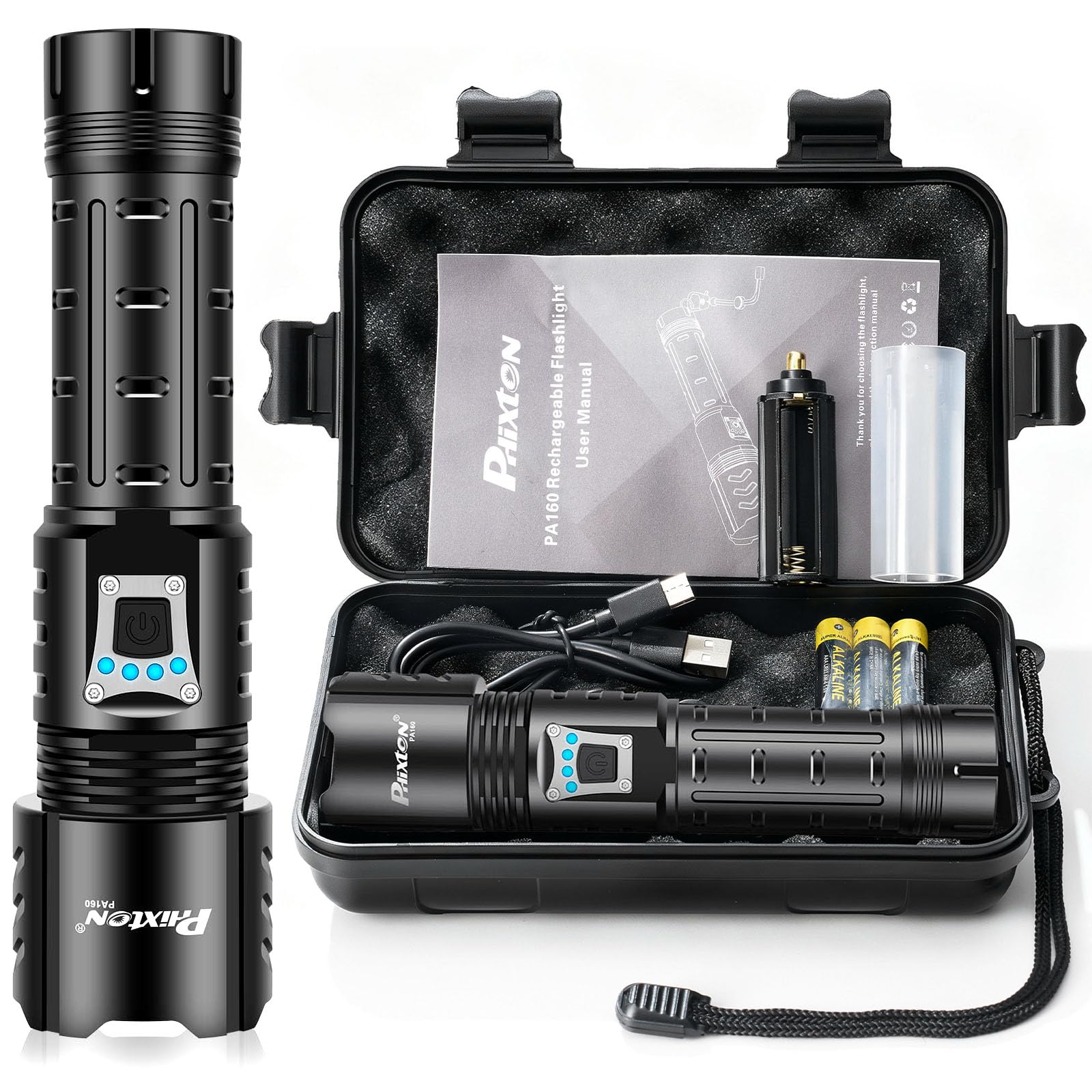 PHIXTON Rechargeable Flashlights High Lumens 100000 Super Bright Long Range 3280FT, Long Lasting 15H Powerful USB C LED Strong Flash Light High Powered, Heavy Duty, Zoomable, for Home Camping Gift