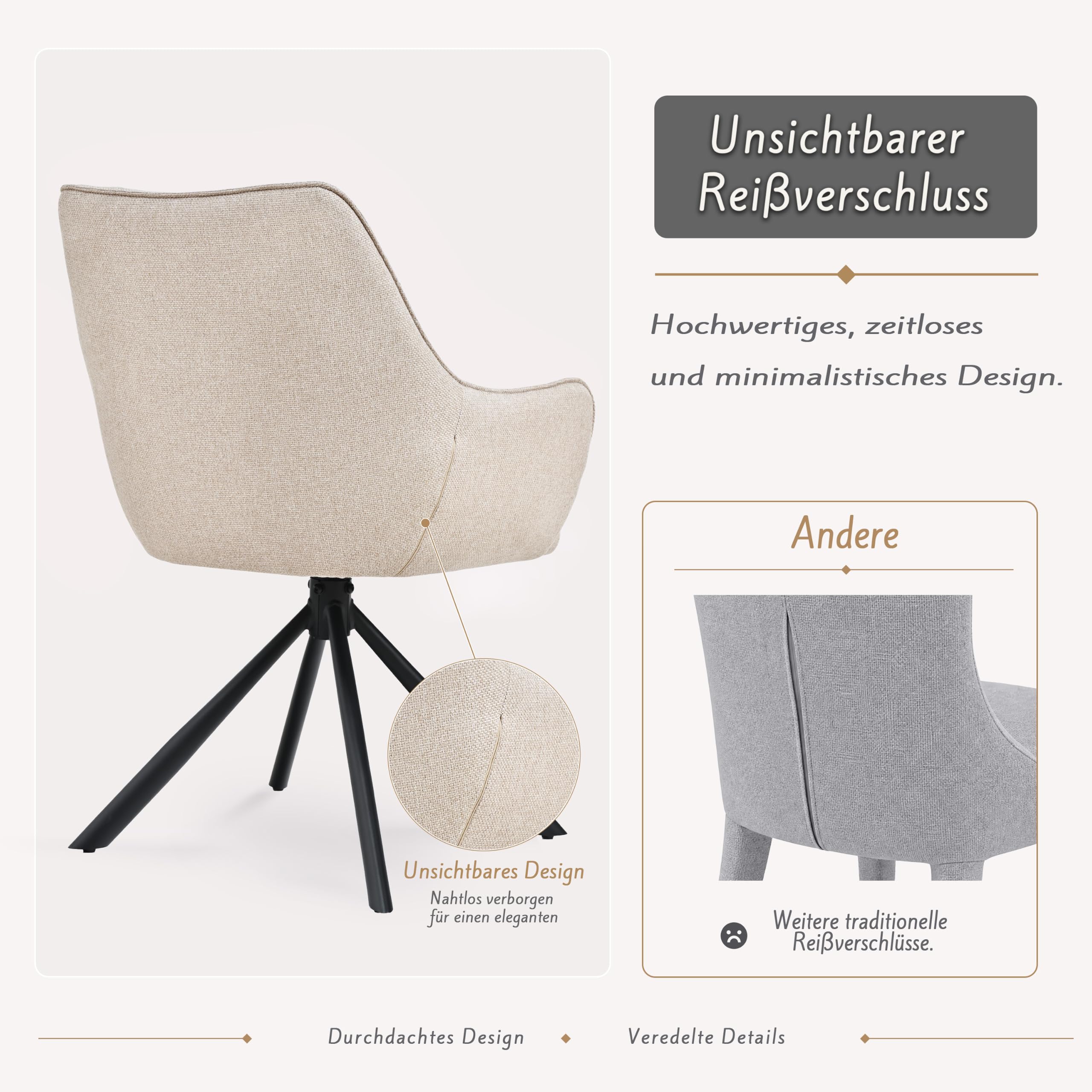 Esszimmerstühle Drehbar 2er Set mit Armlehne, gepolsterte Esszimmerstuhl mit hoher Rückenlehne für Esszimmer & Wohnzimmer, Büro, Beige