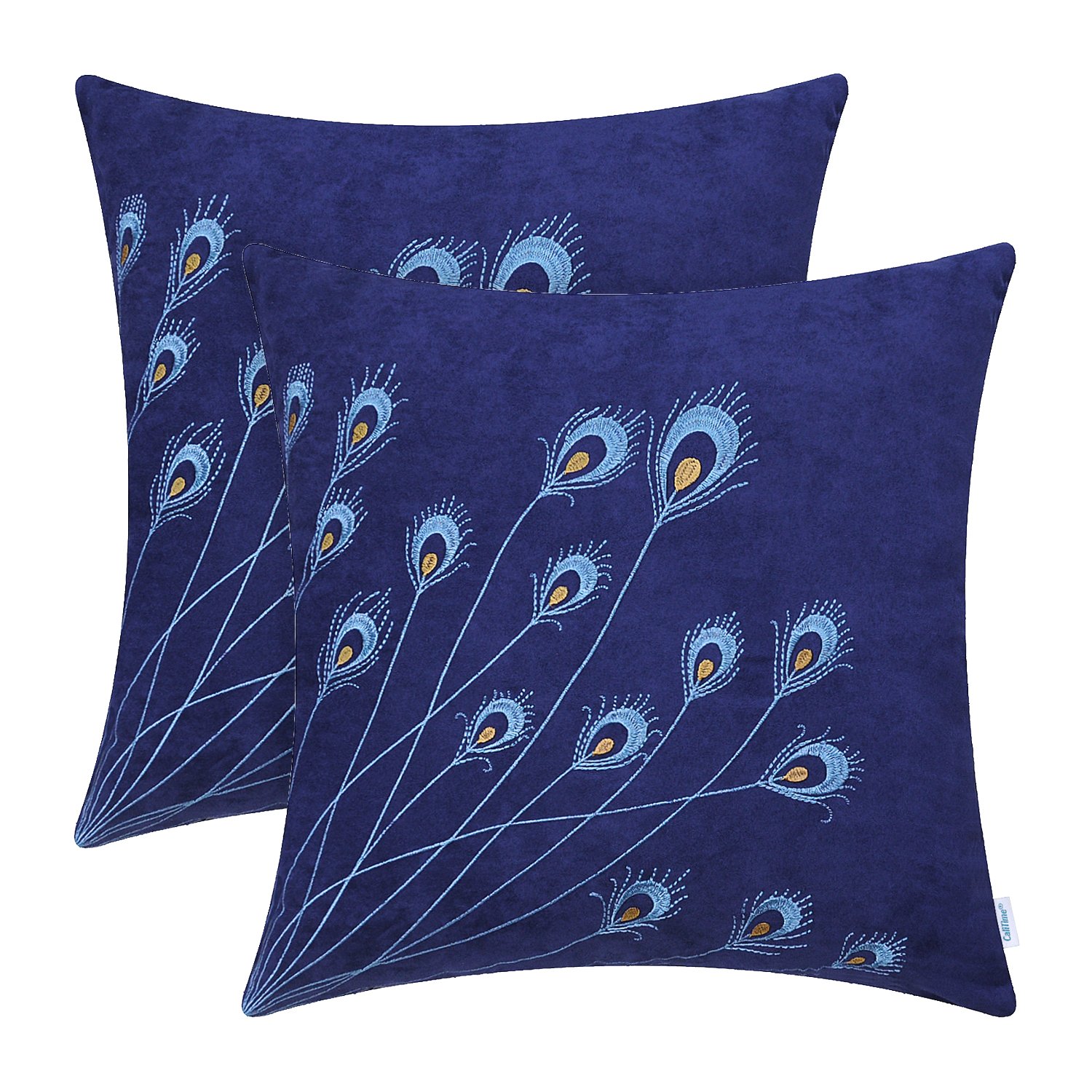 CaliTime Pack of 2 Supersoft Throw Pillow Covers Cases for Couch Bed Sofa Decor Peacock Feathers Embroidered 18 X 18 Inches Navy Blue