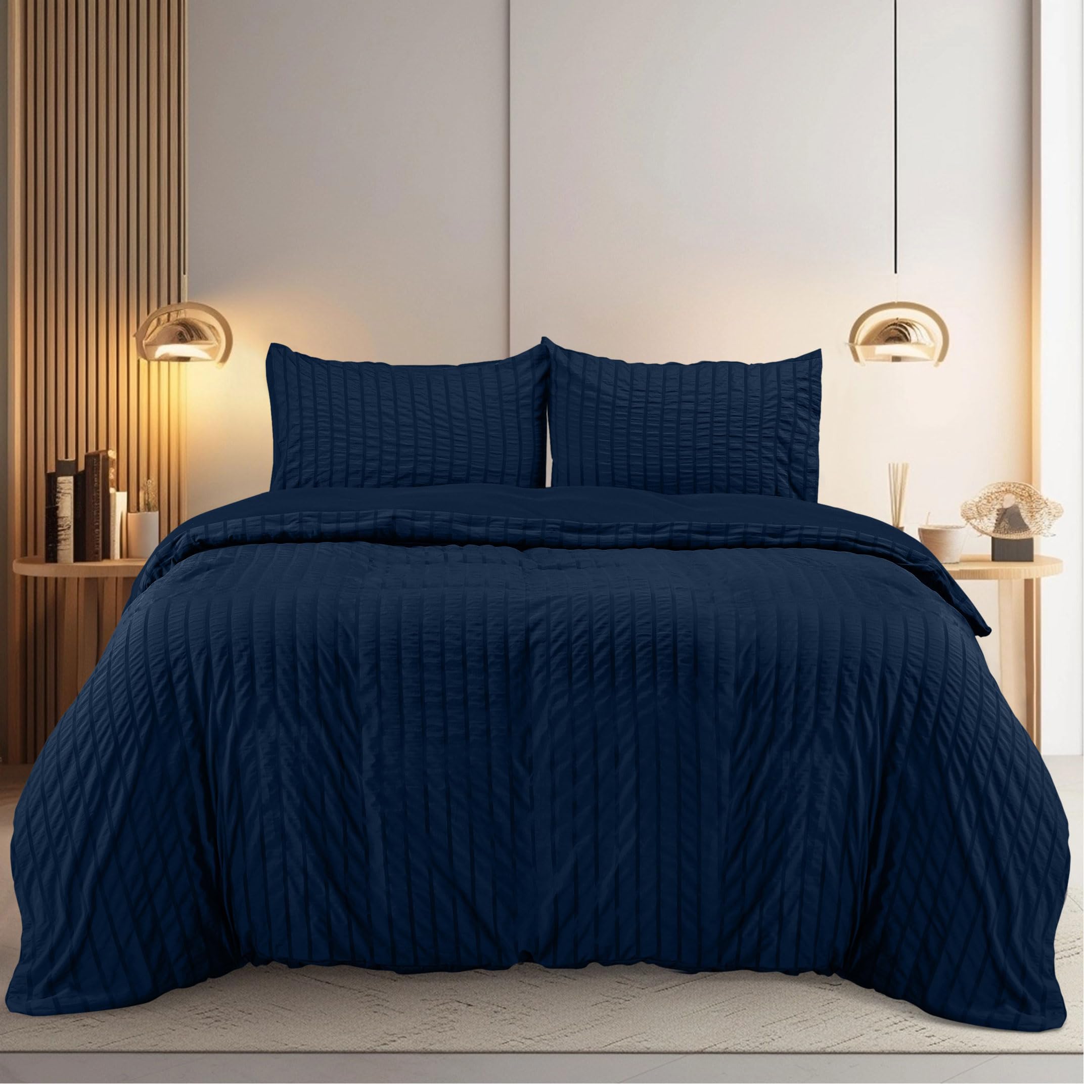 Utopia Bedding Navy Seersucker Duvet Cover Set - Duvet Cover Double With Pillowcases - Soft Microfibre Polyester Seersucker Bedding (Navy)