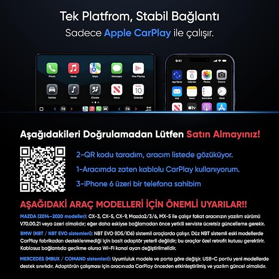 Minesk Drive-Fi Mini Wireless CarPlay Adaptörü/Mobil Uygulama Desteği / 0.5 Saniye Düşük Gecikme/Otomatik Bağlantı/Arm - Cortex A7 İşlemci/Otomatik Araç Tanıma