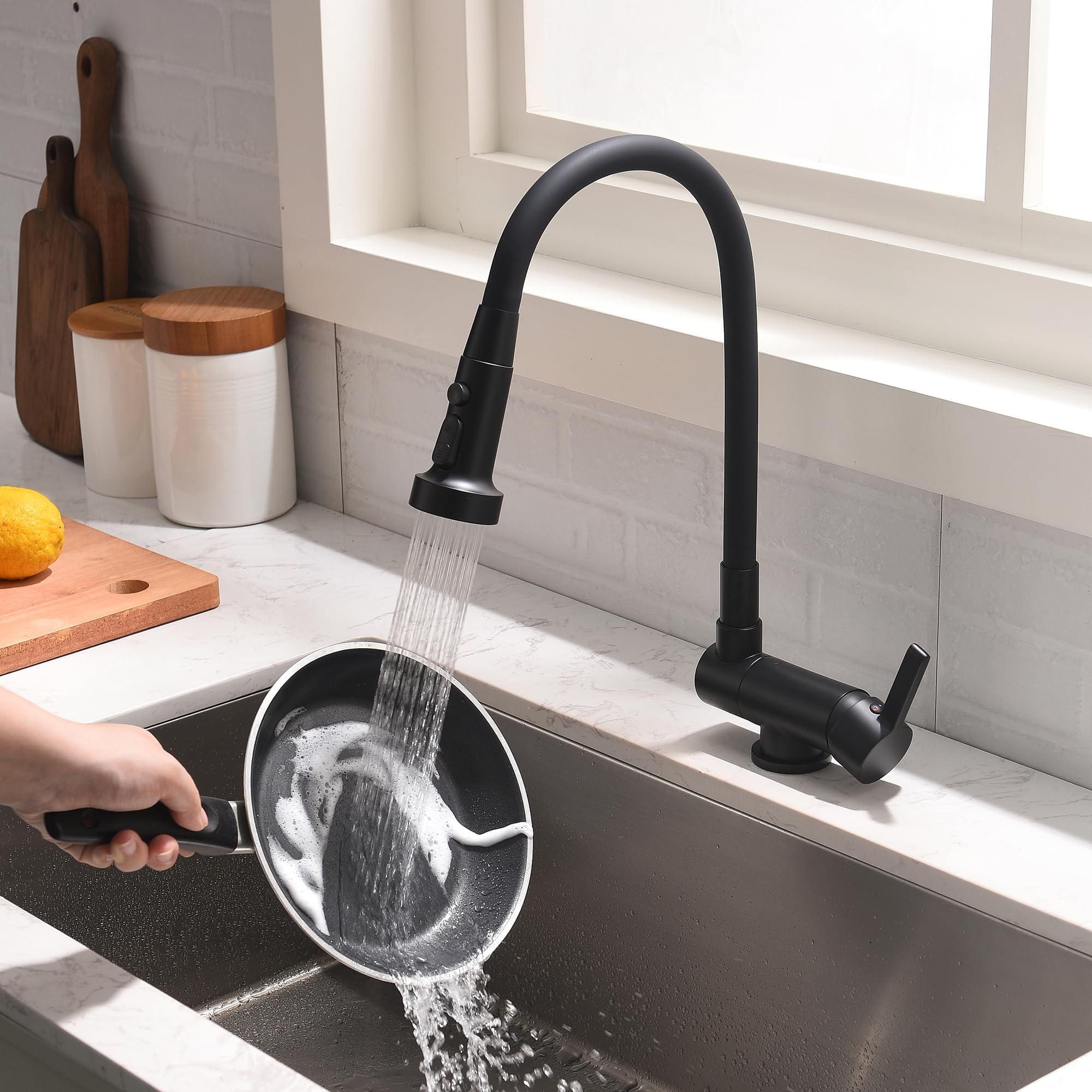 Rubinetto Cucina Abbattibile Sottofinestra Nero, Rubinetto Cucina Pieghevole 3 Modalità Di Scarico Dell'acqua, Miscelatore Sottofinestra Cucina Rubinetti Da Cucina Materiale in Ottone